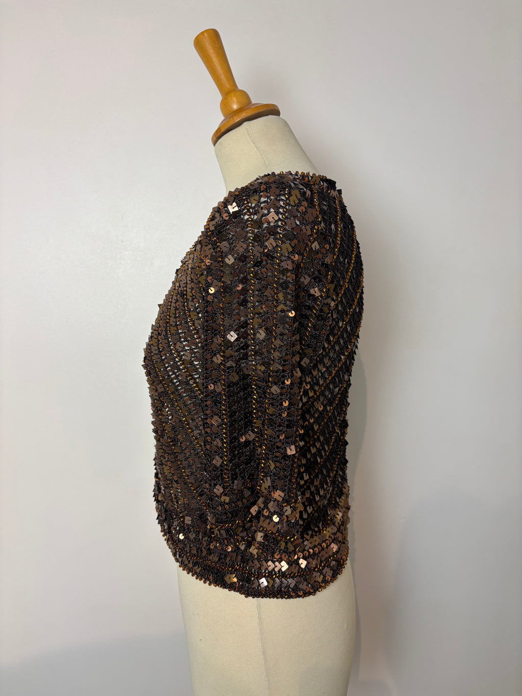 Handmade brown crochet bronze sequined and beaded cardigan