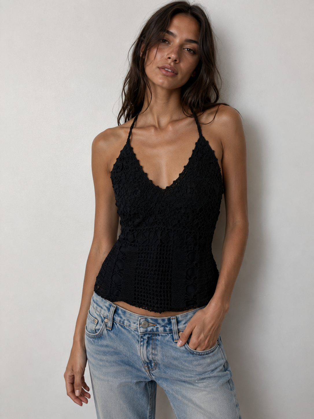 Handmade black crochet backless lined halterneck top