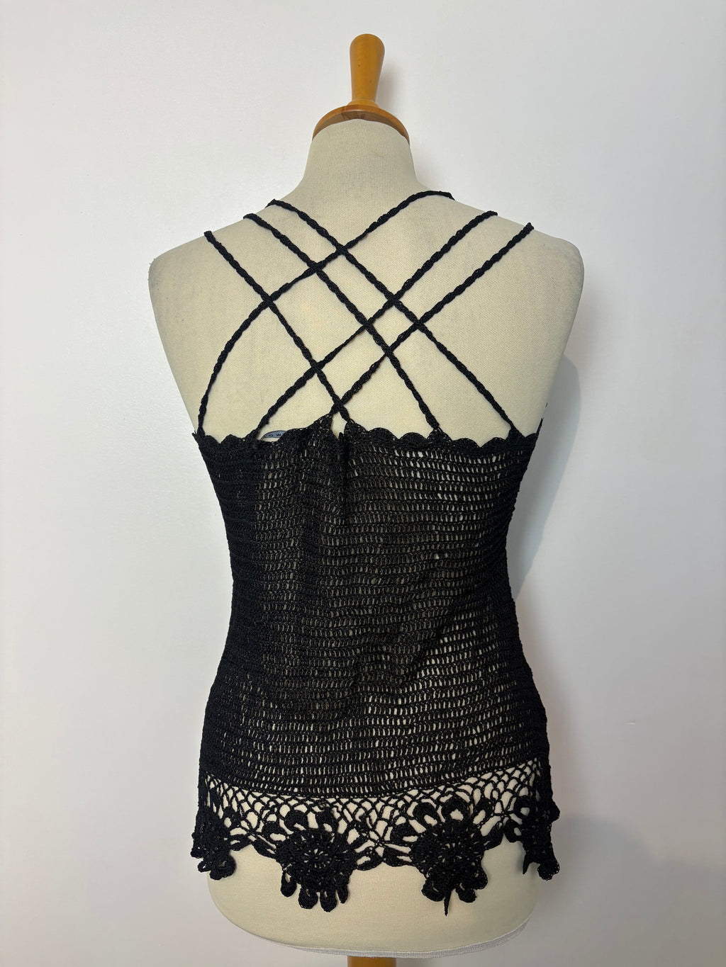 Handmade black crochet beaded cross-strap top