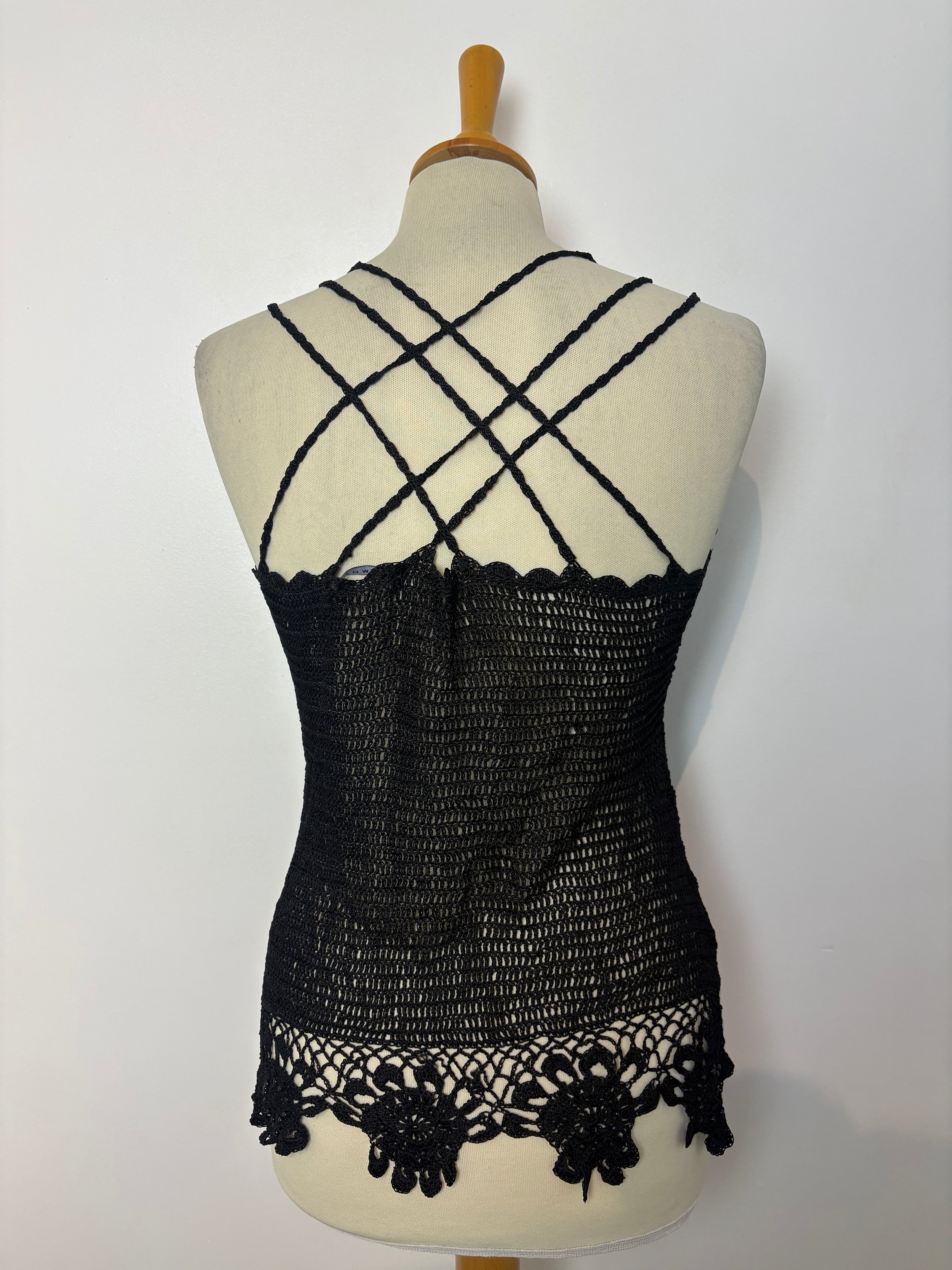 Handmade black crochet beaded cross-strap top