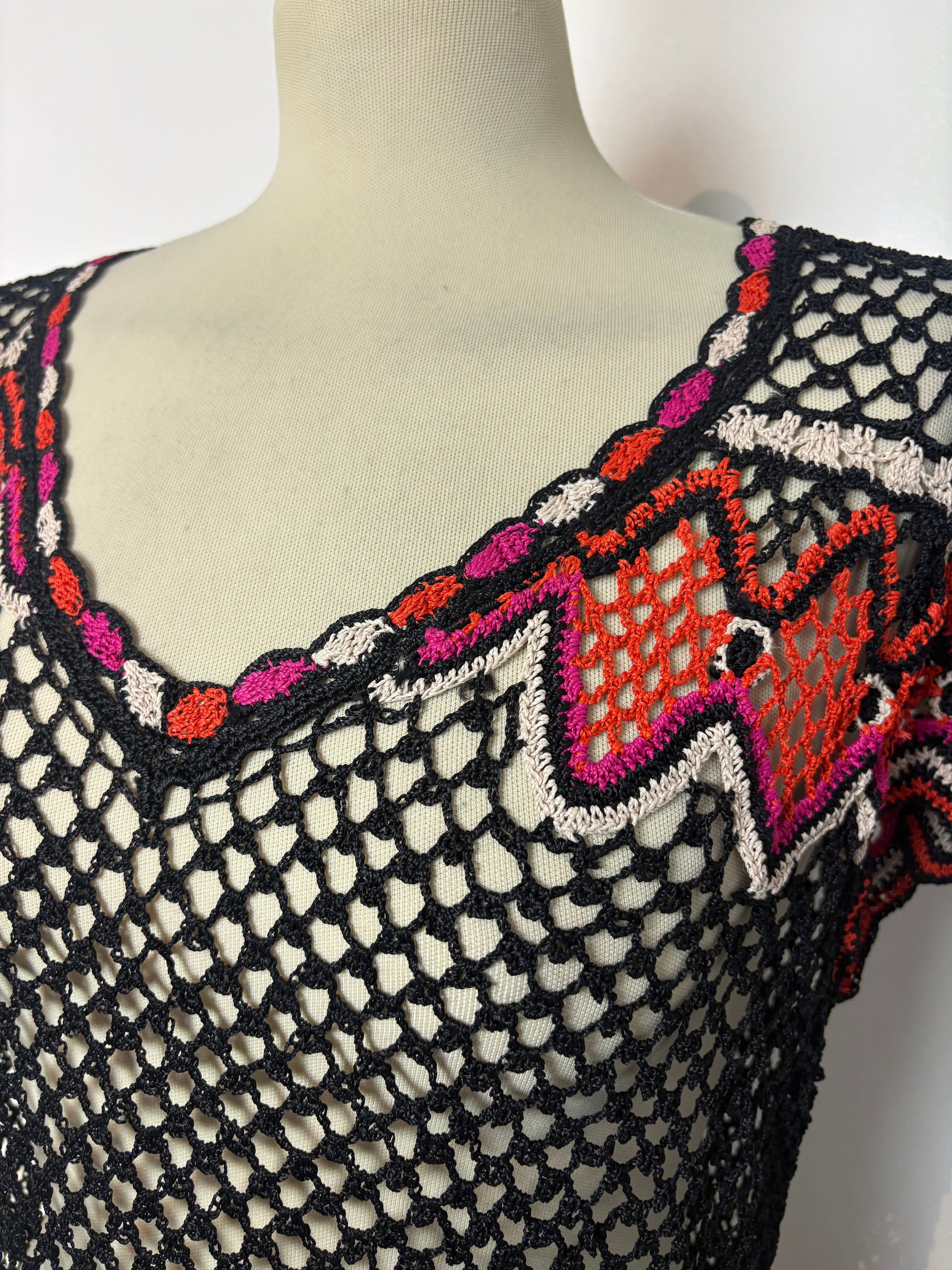 Handmade black crochet pink, orange, white patterned top