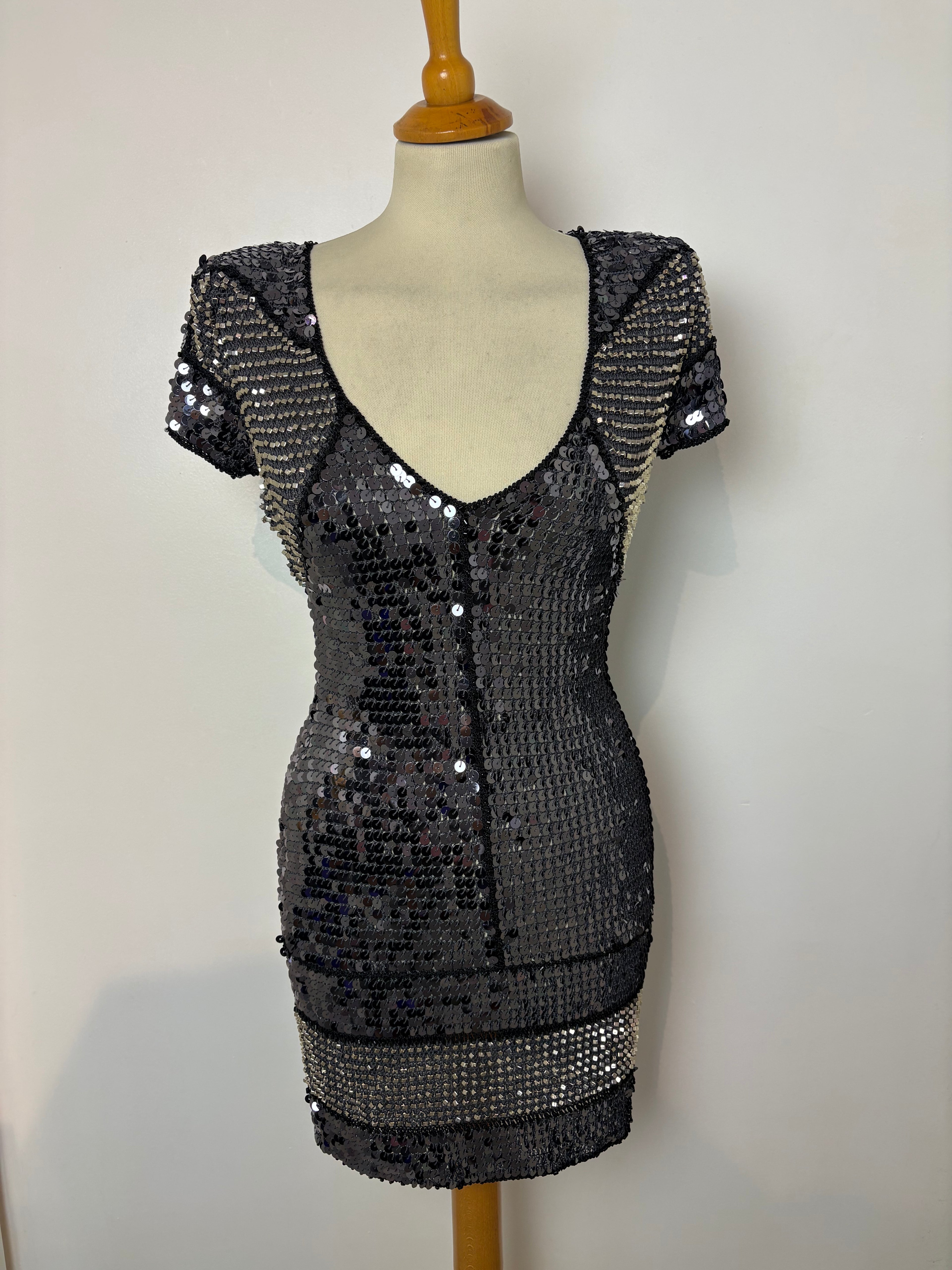 Handmade crochet dark grey sequined and beaded dress