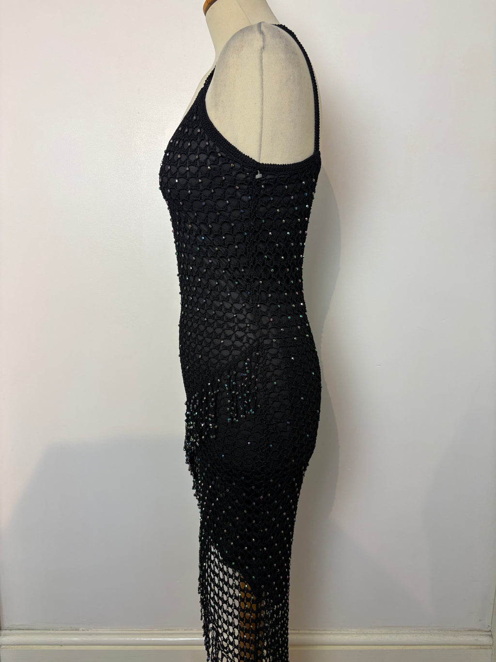 Handmade black crochet iridescent beaded lined dress￼