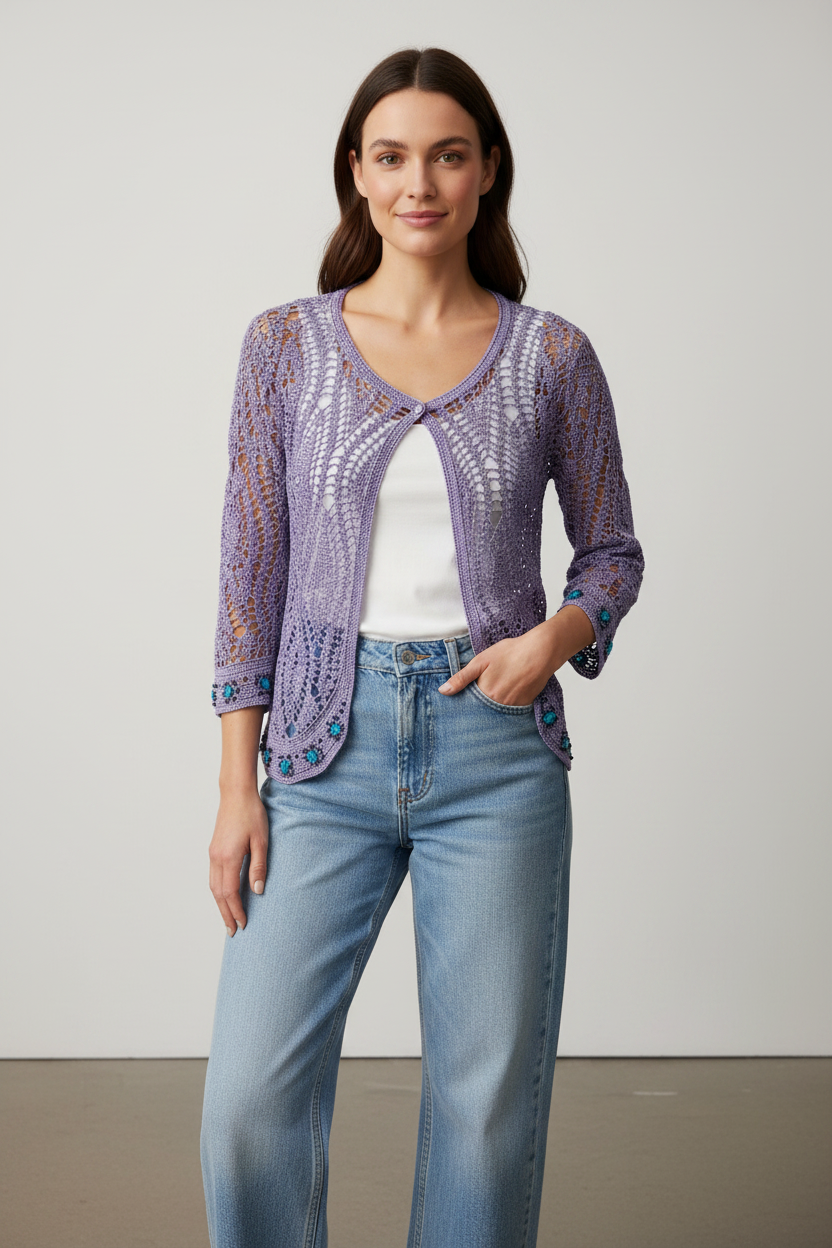 Handmade lilac crochet gem-beaded cardigan