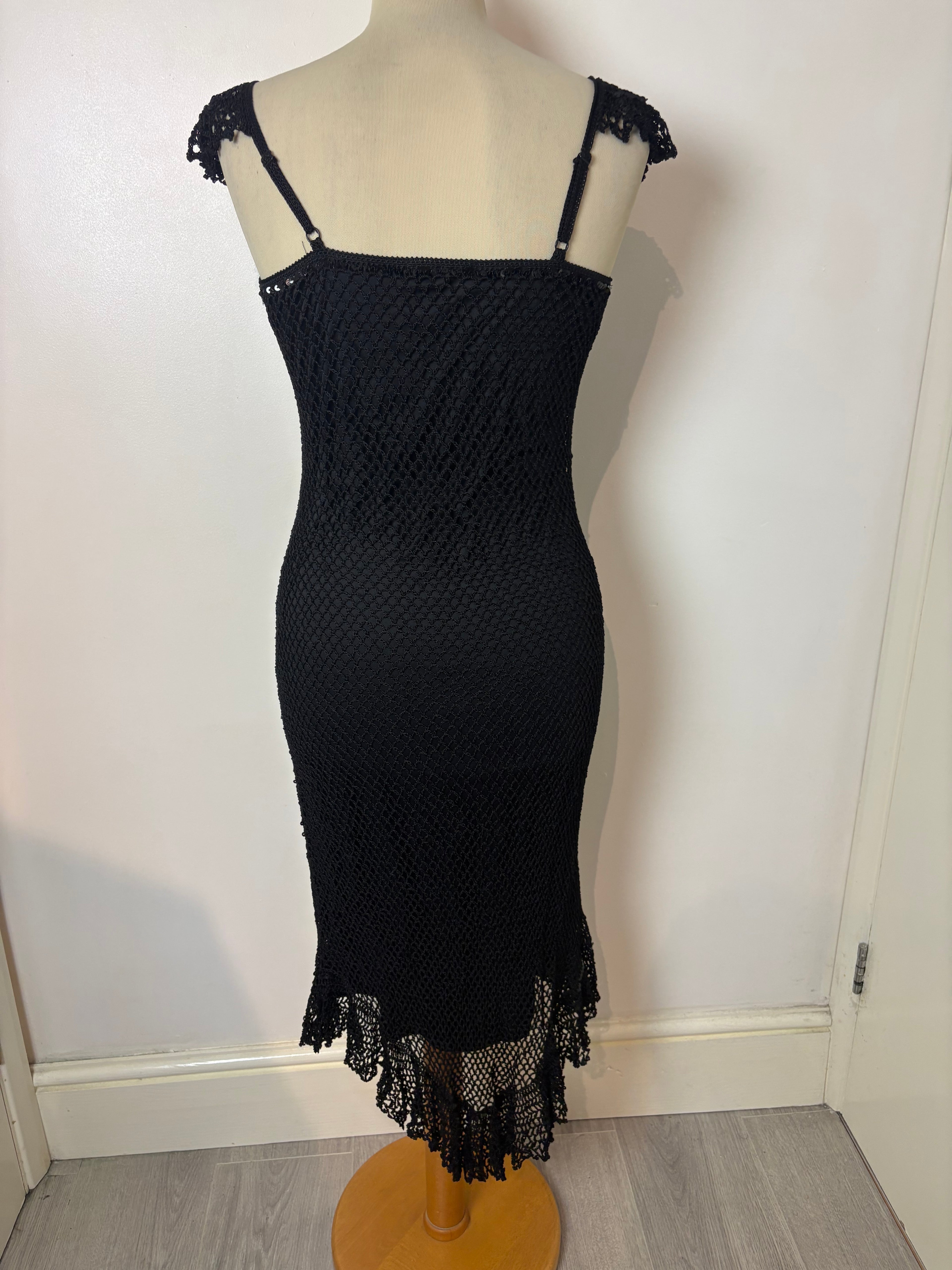 Handmade black crochet sequined lined long dress