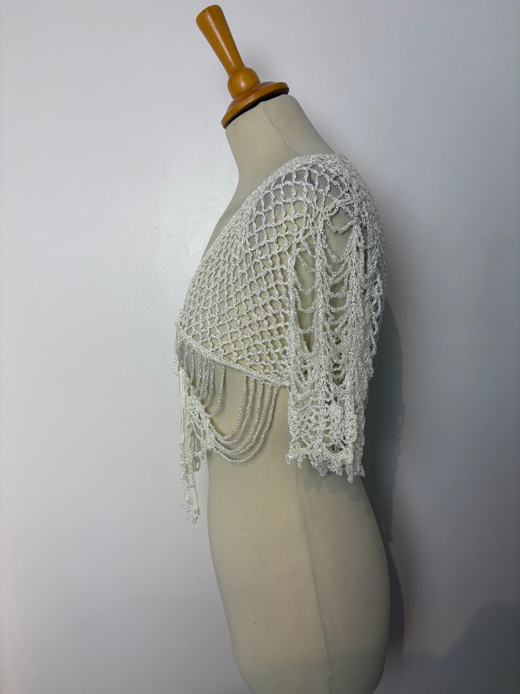 Handmade ivory crochet beaded tie-up bolero