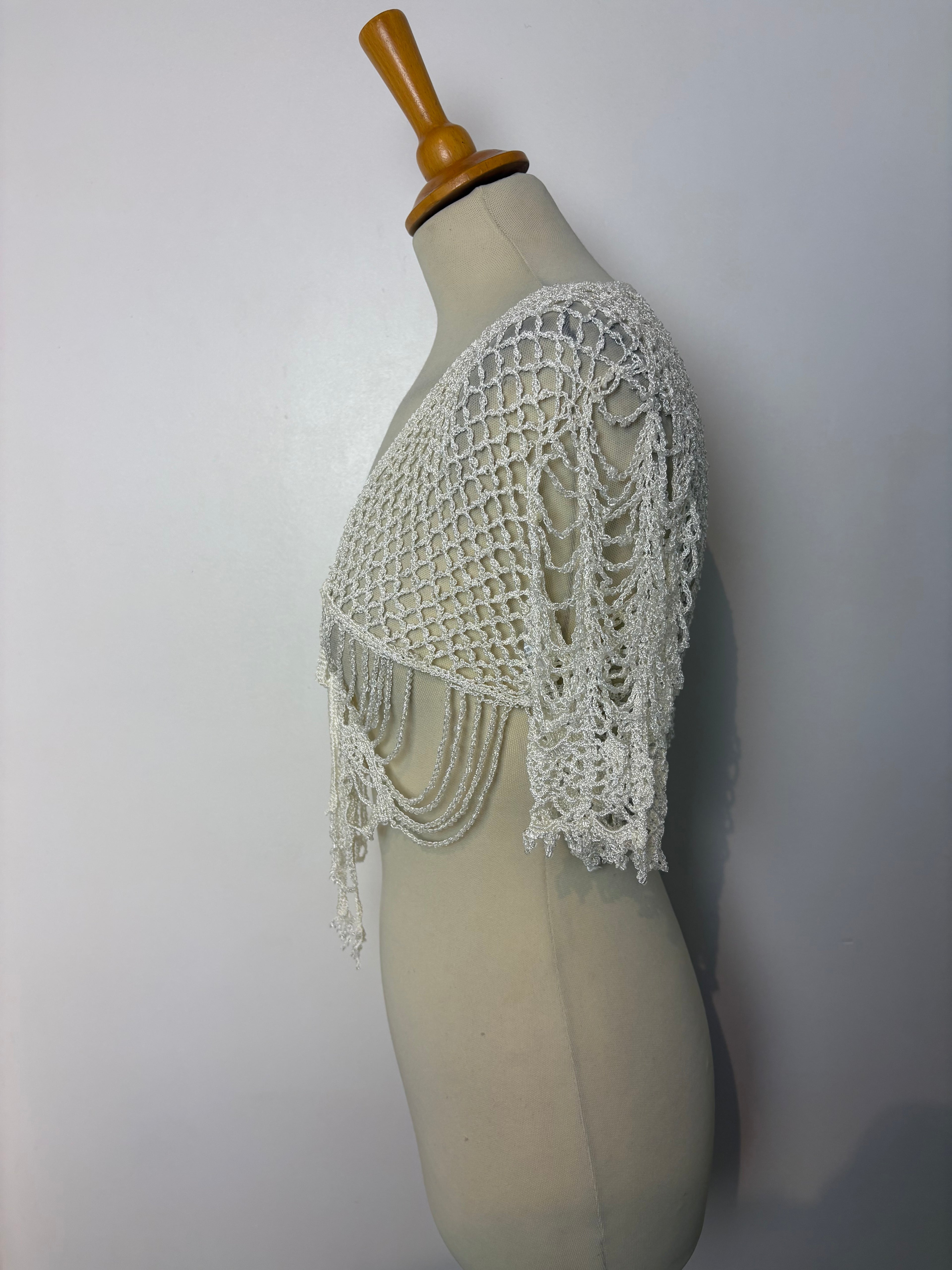 Handmade ivory crochet beaded tie-up bolero