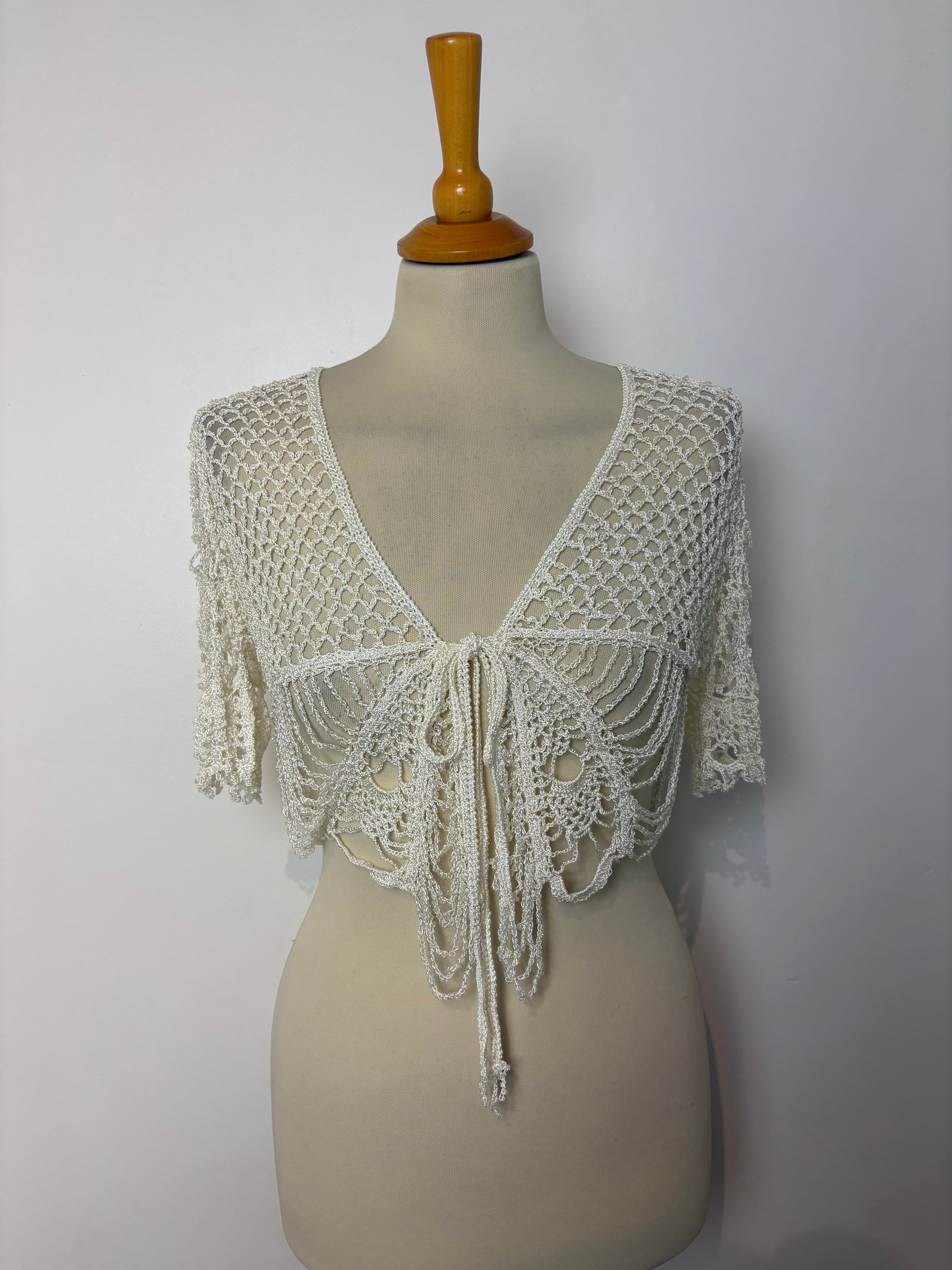 Handmade ivory crochet beaded tie-up bolero