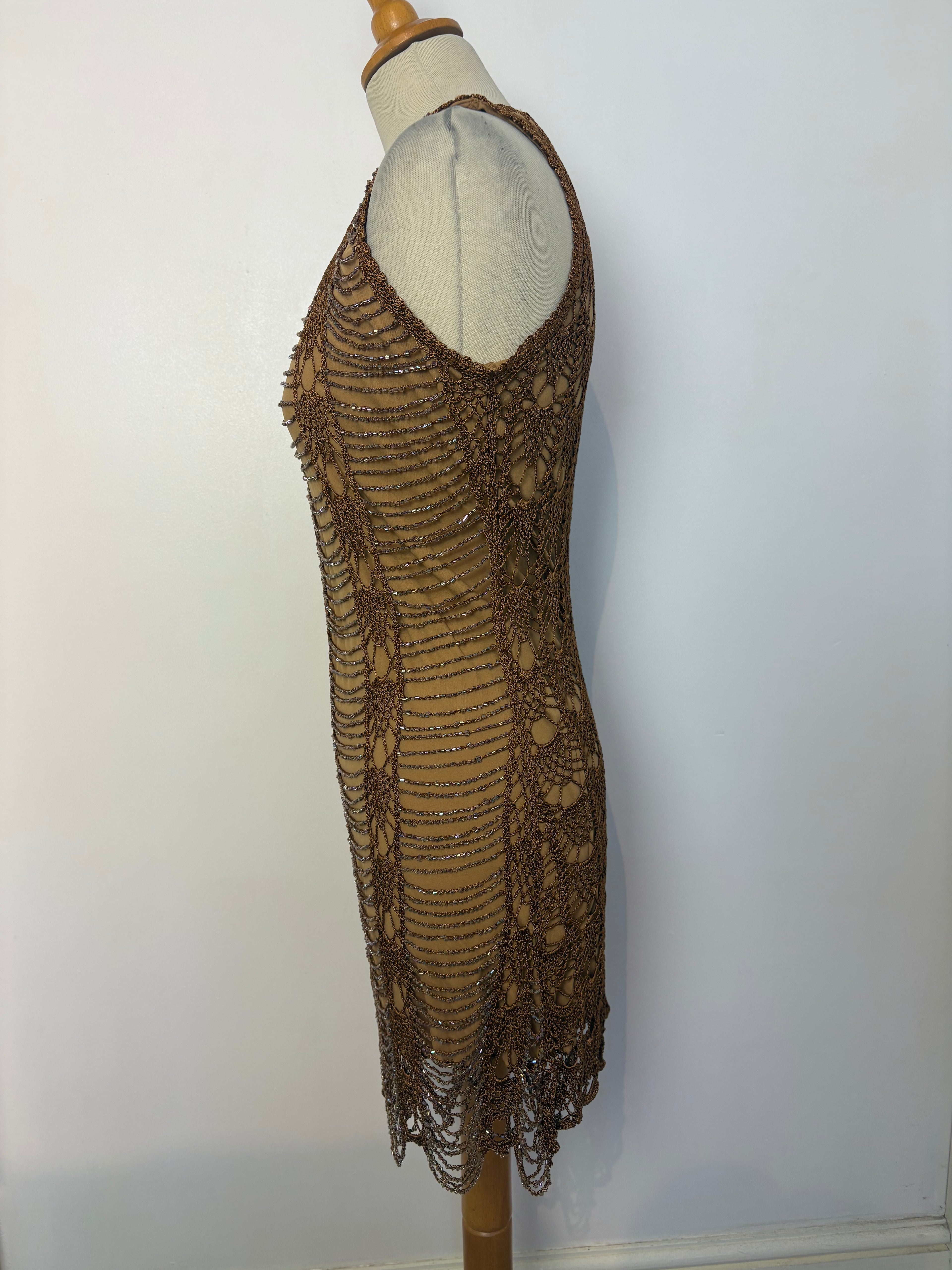 Handmade brown crochet iridescent beaded lined dress￼