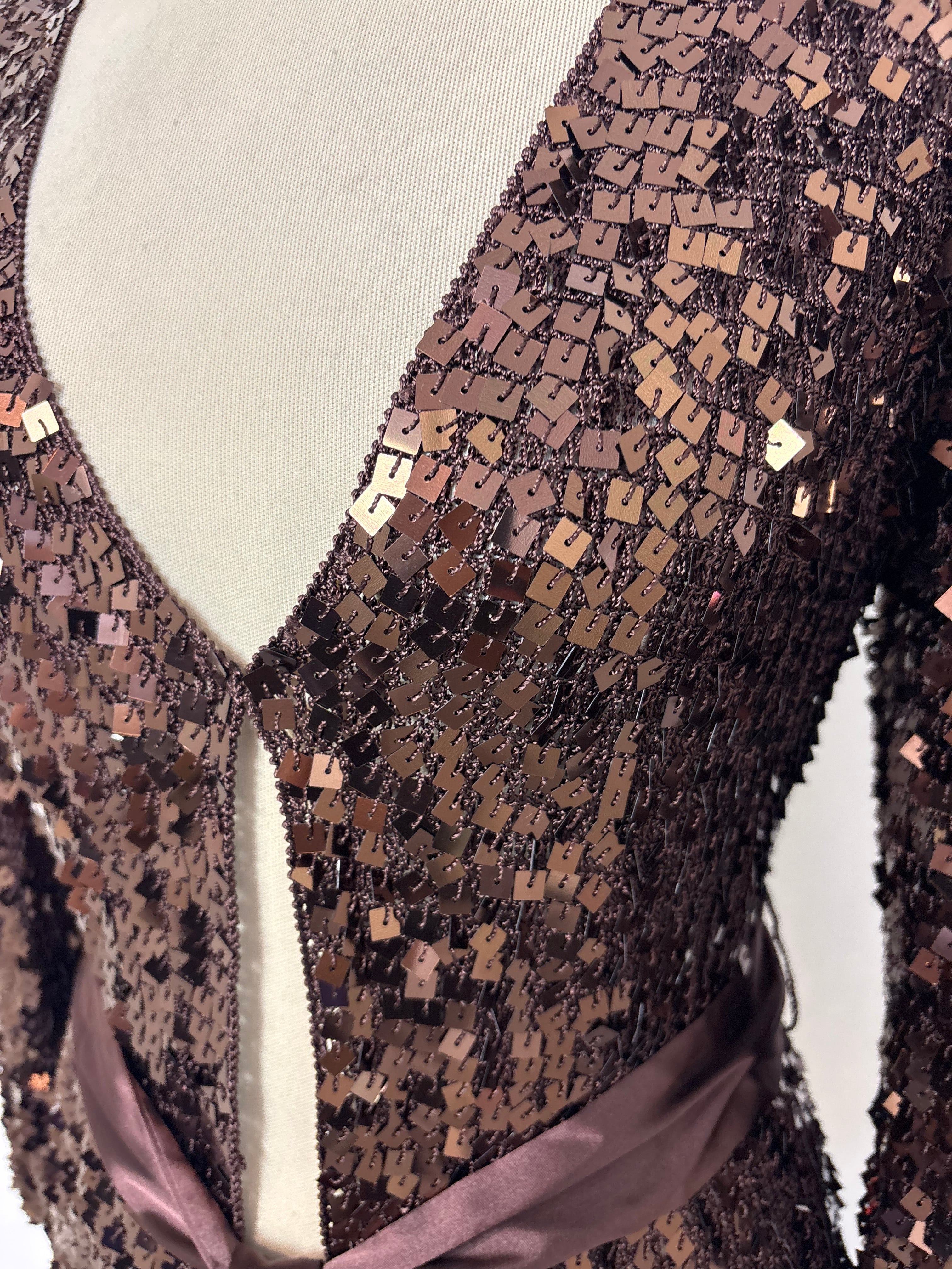 Handmade brown crochet heavily sequined tie-up cardigan