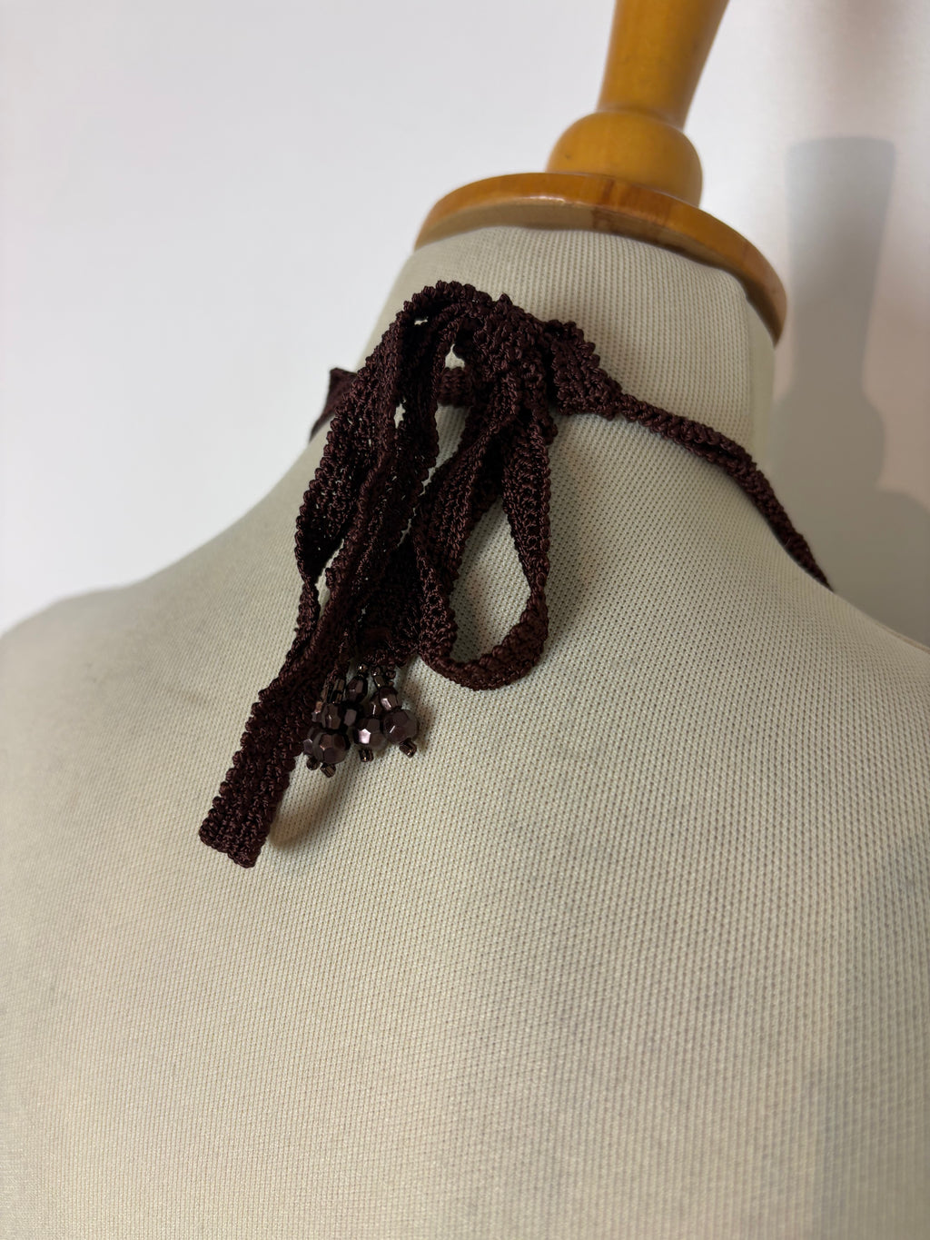 Handmade brown crochet beaded backless halterneck