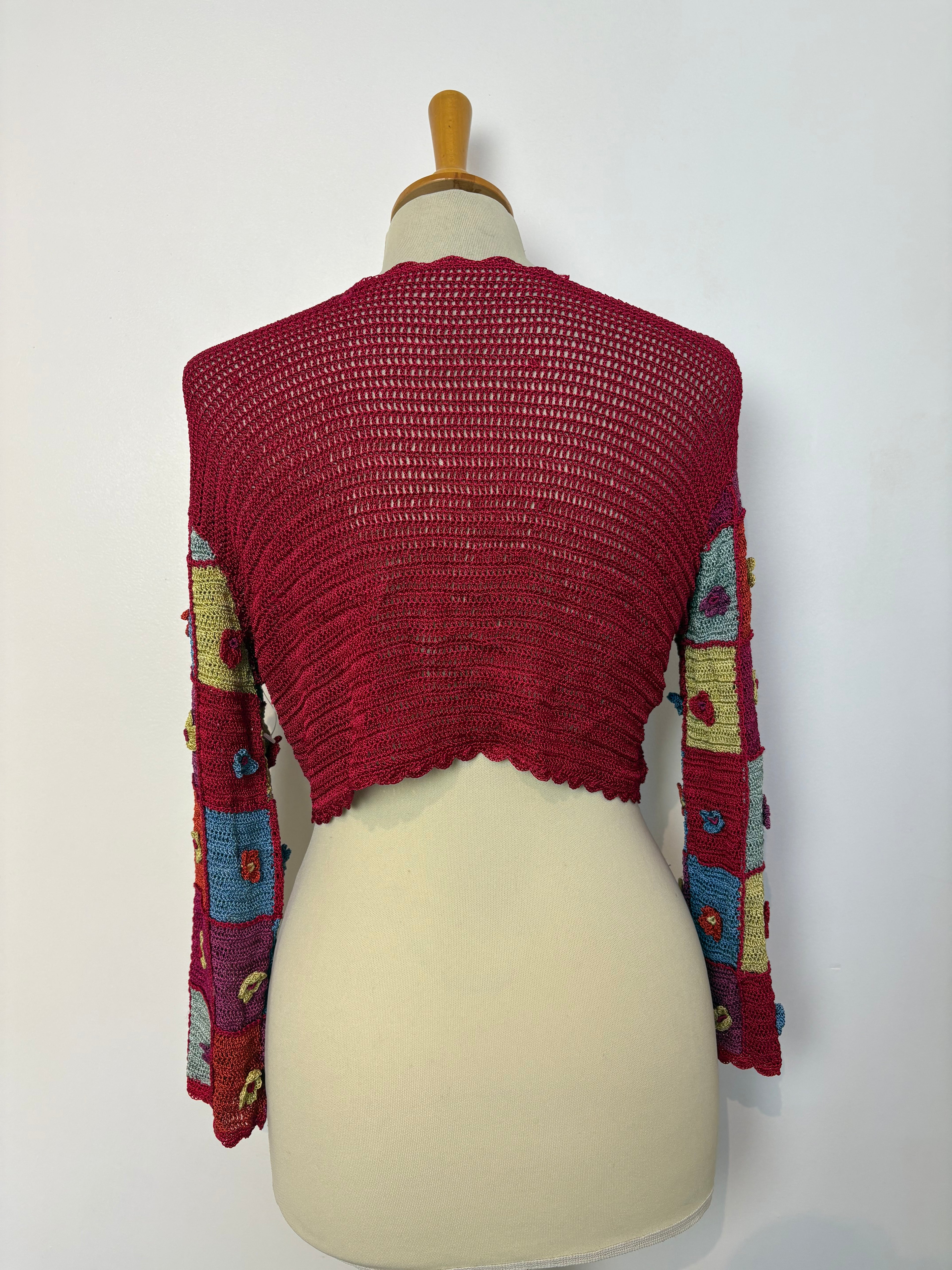 Handmade cerise crochet flower-patterned-long-sleeved cardigan