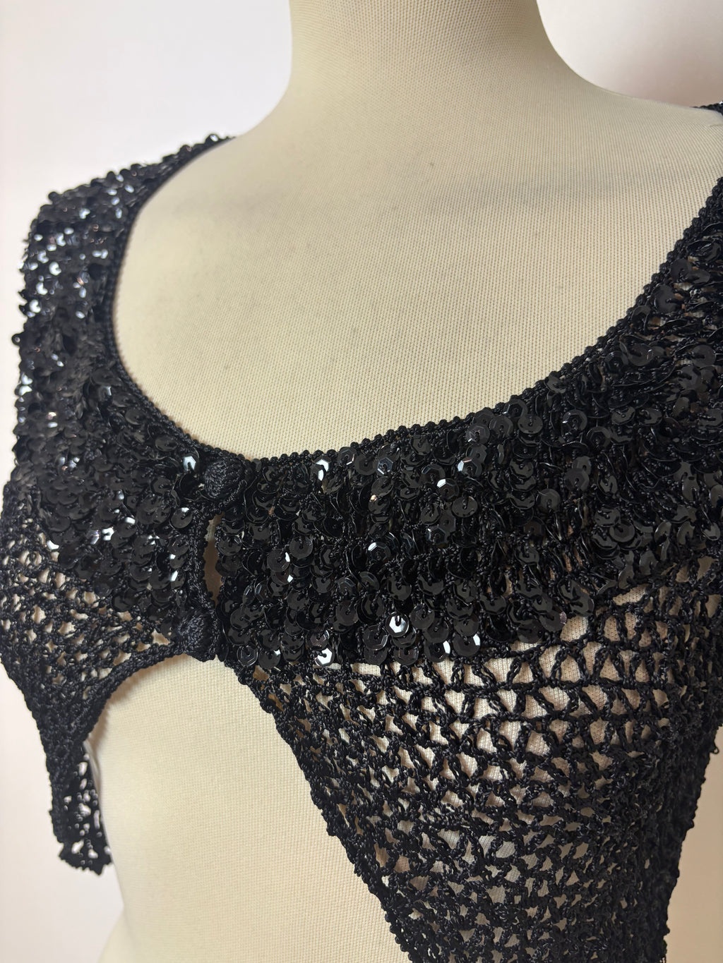 Handmade black crochet sequined button-up bolero