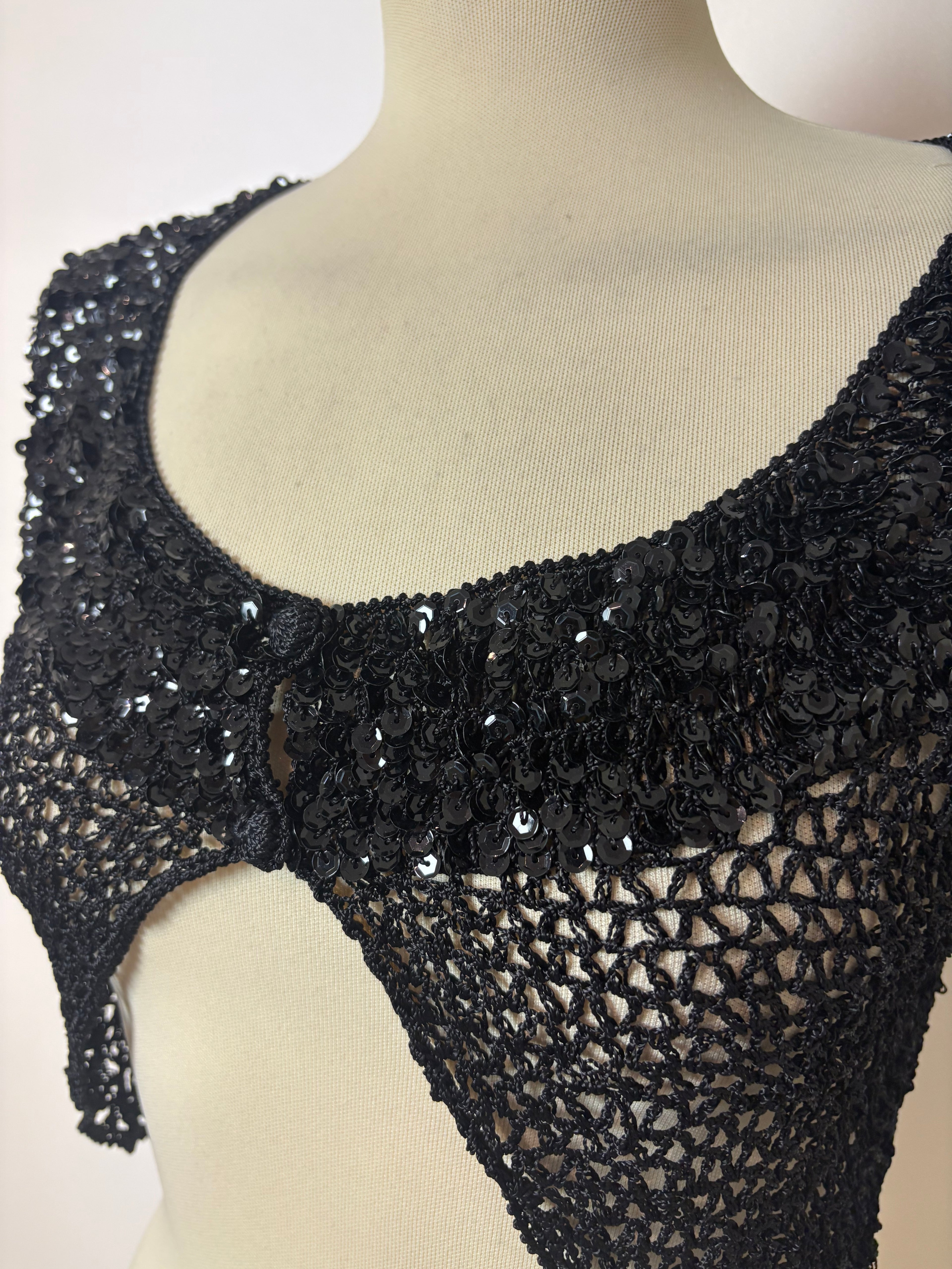 Handmade black crochet sequined button-up bolero