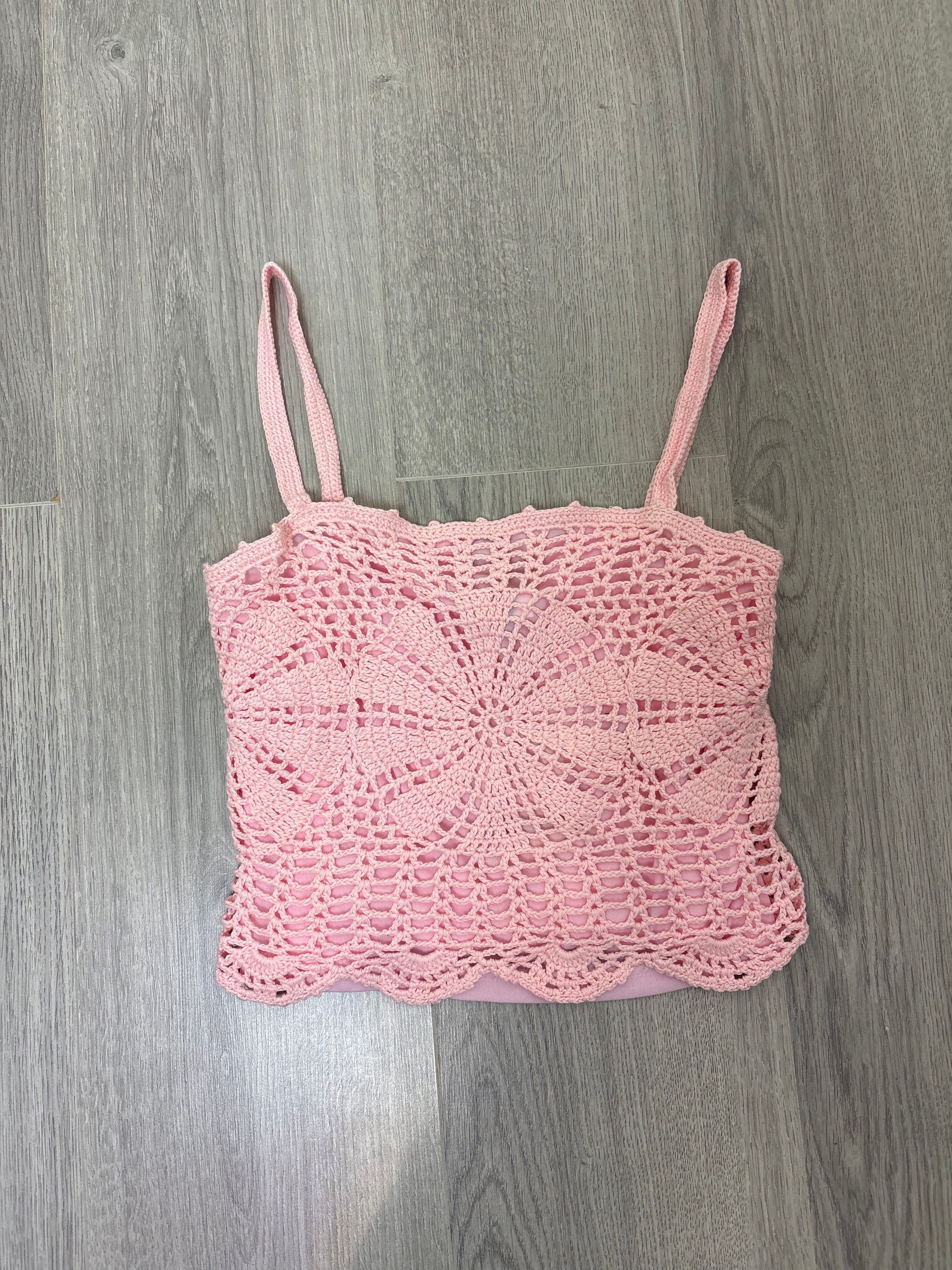 Handmade pink crochet strappy cami top