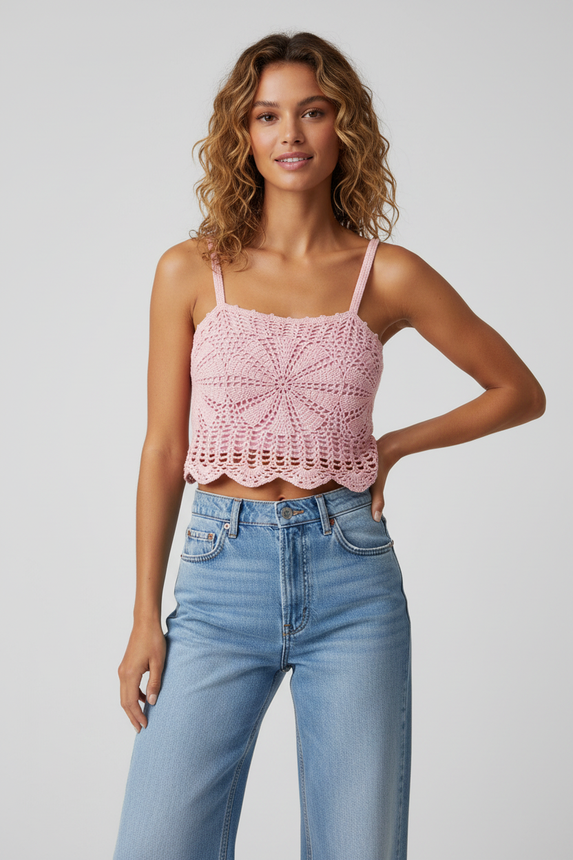 Handmade pink crochet strappy cami top