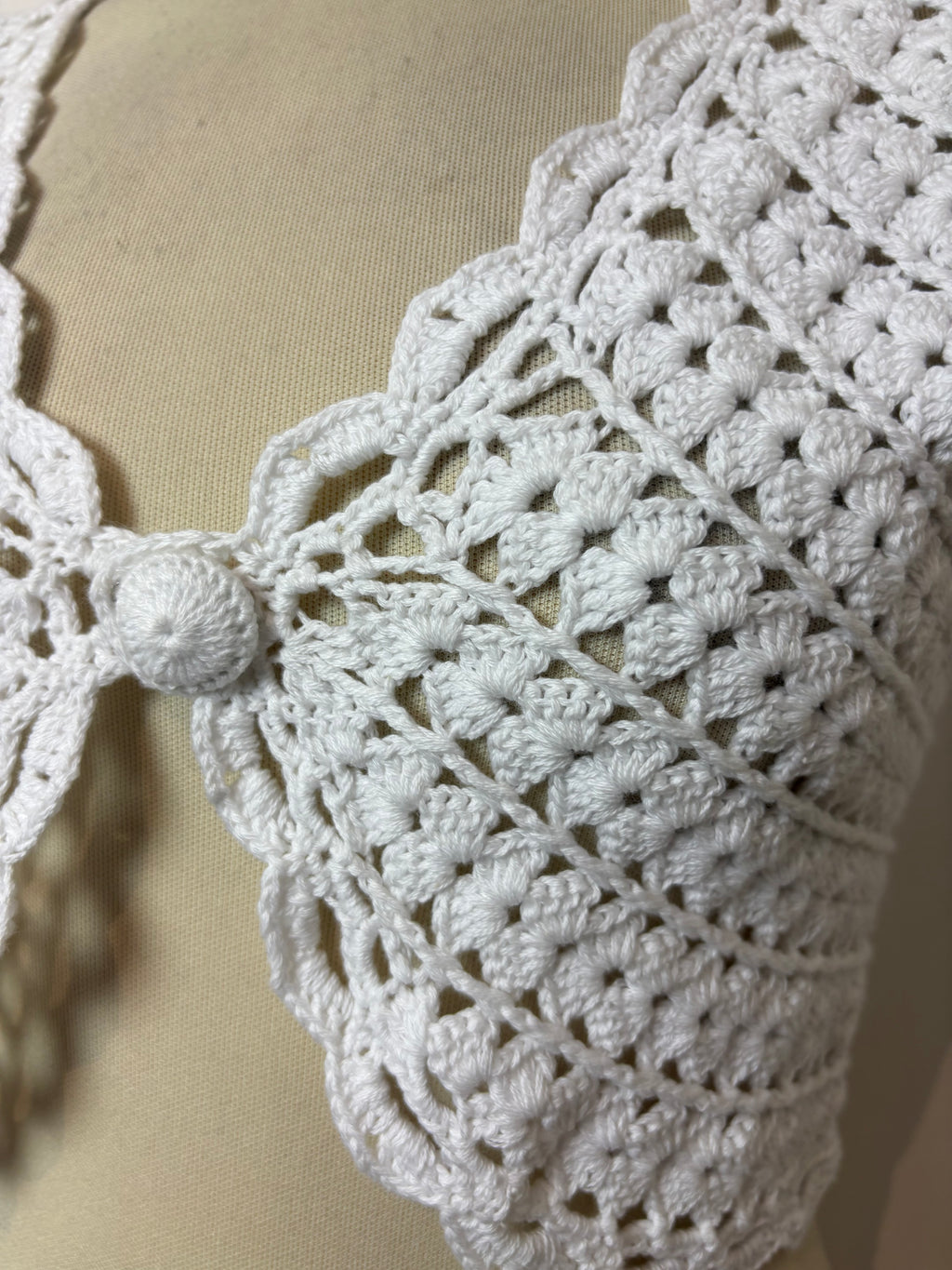 Handmade white crochet button-up bolero