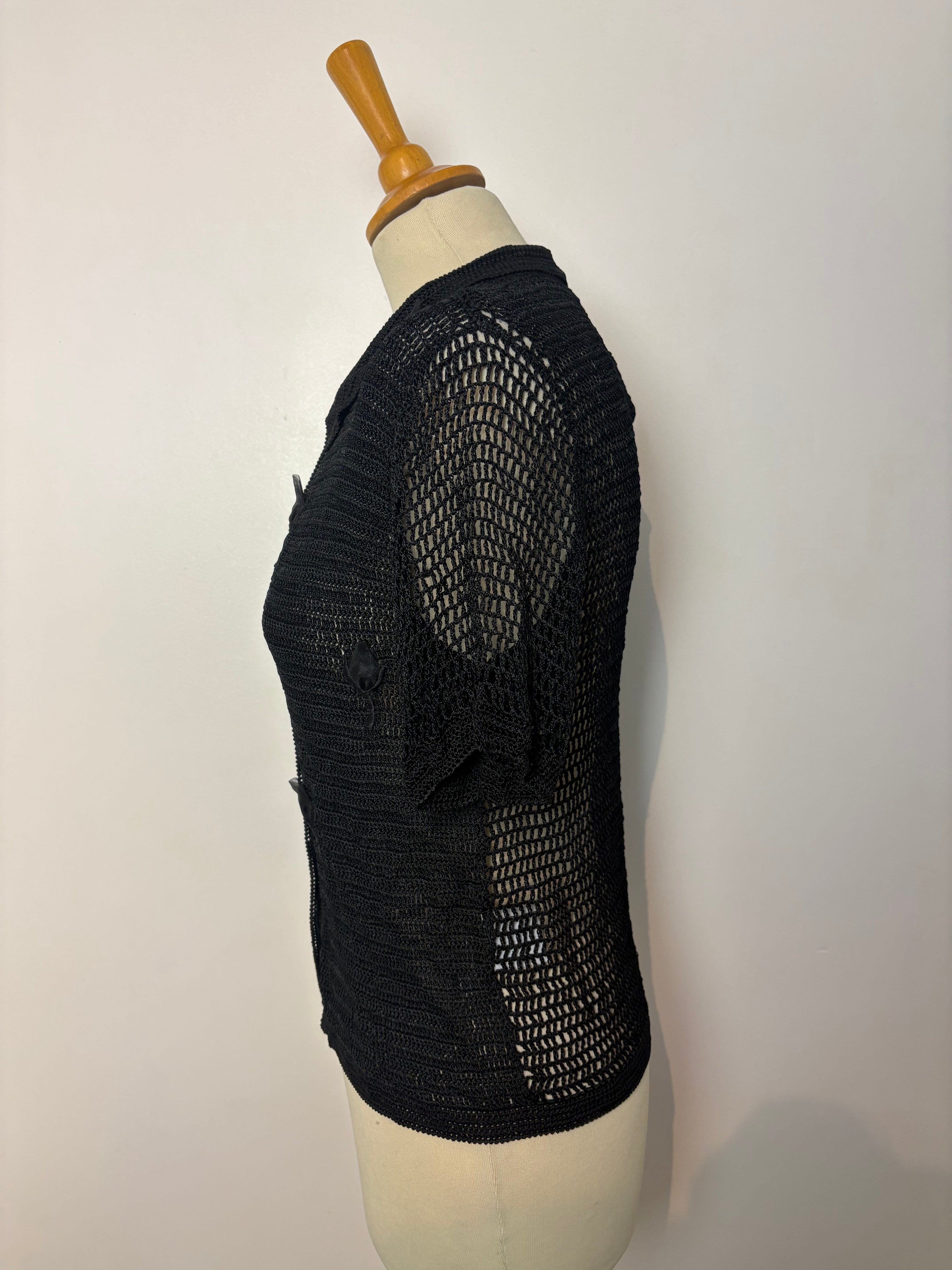 Handmade black crochet button-up short-sleeve cardigan