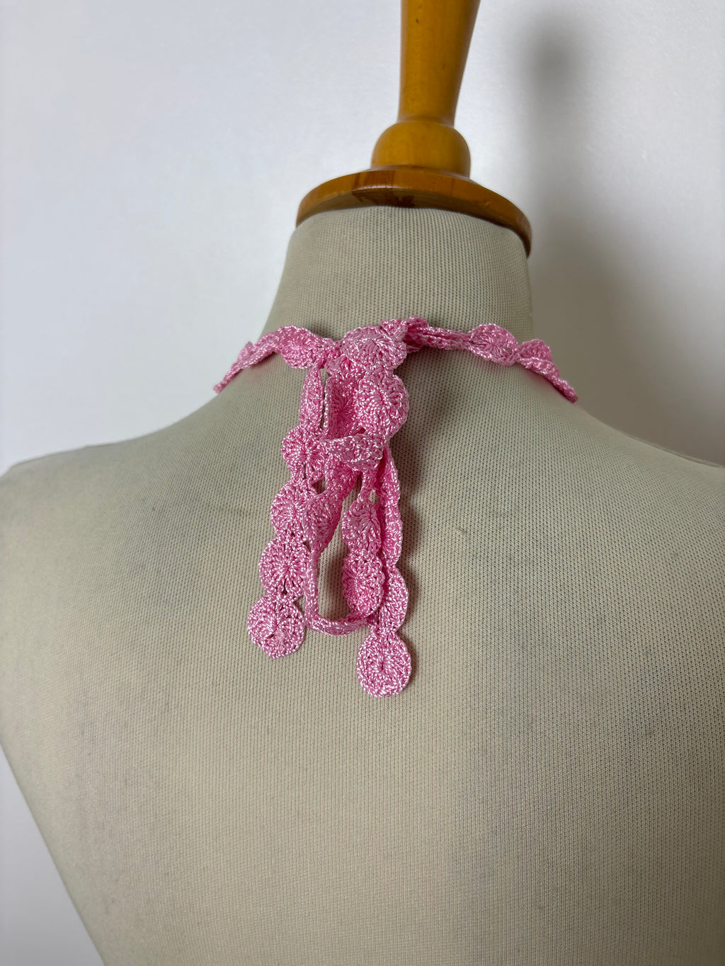 Handmade pink beaded crochet tie-up backless halterneck
