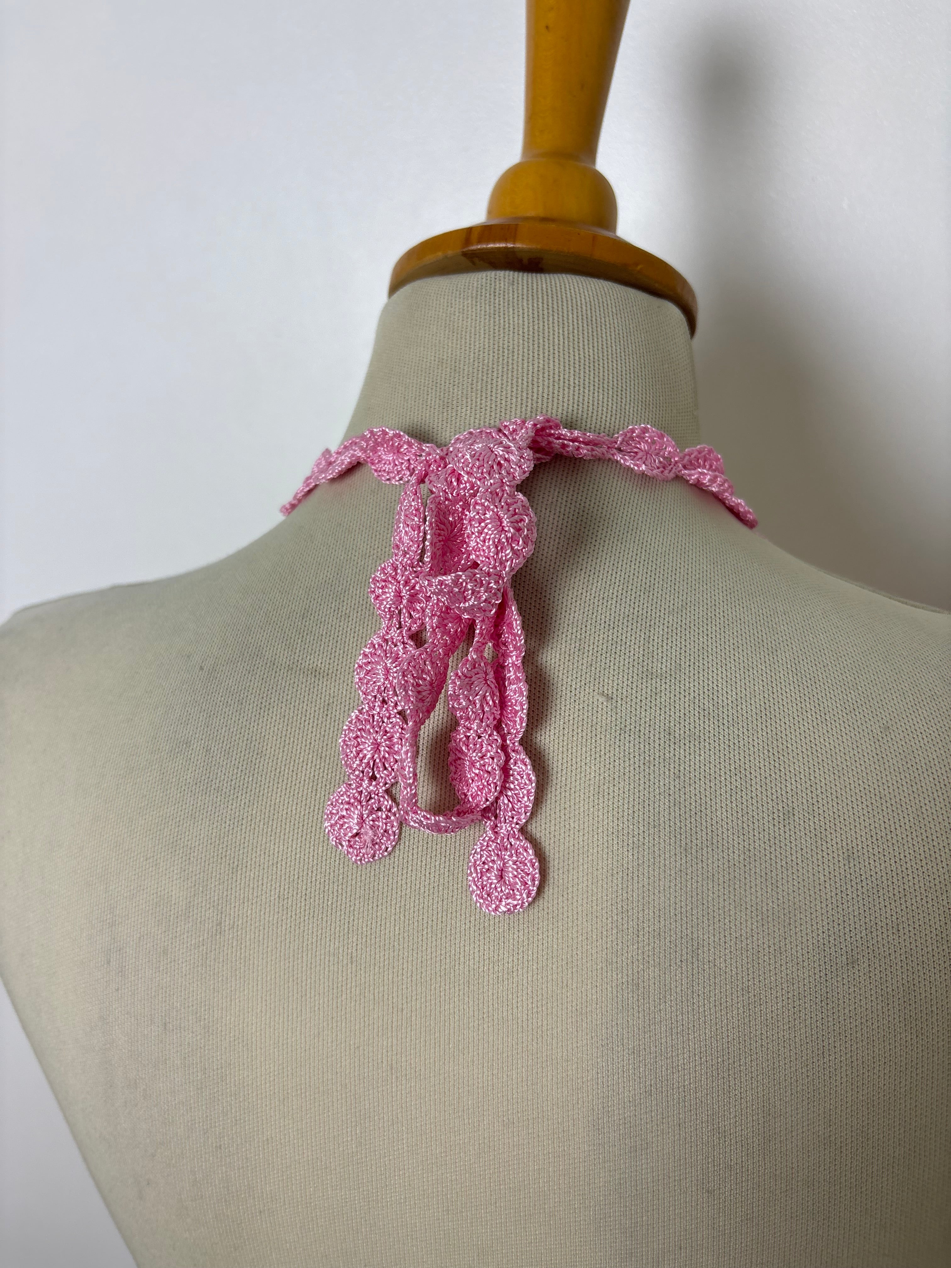Handmade pink beaded crochet tie-up backless halterneck