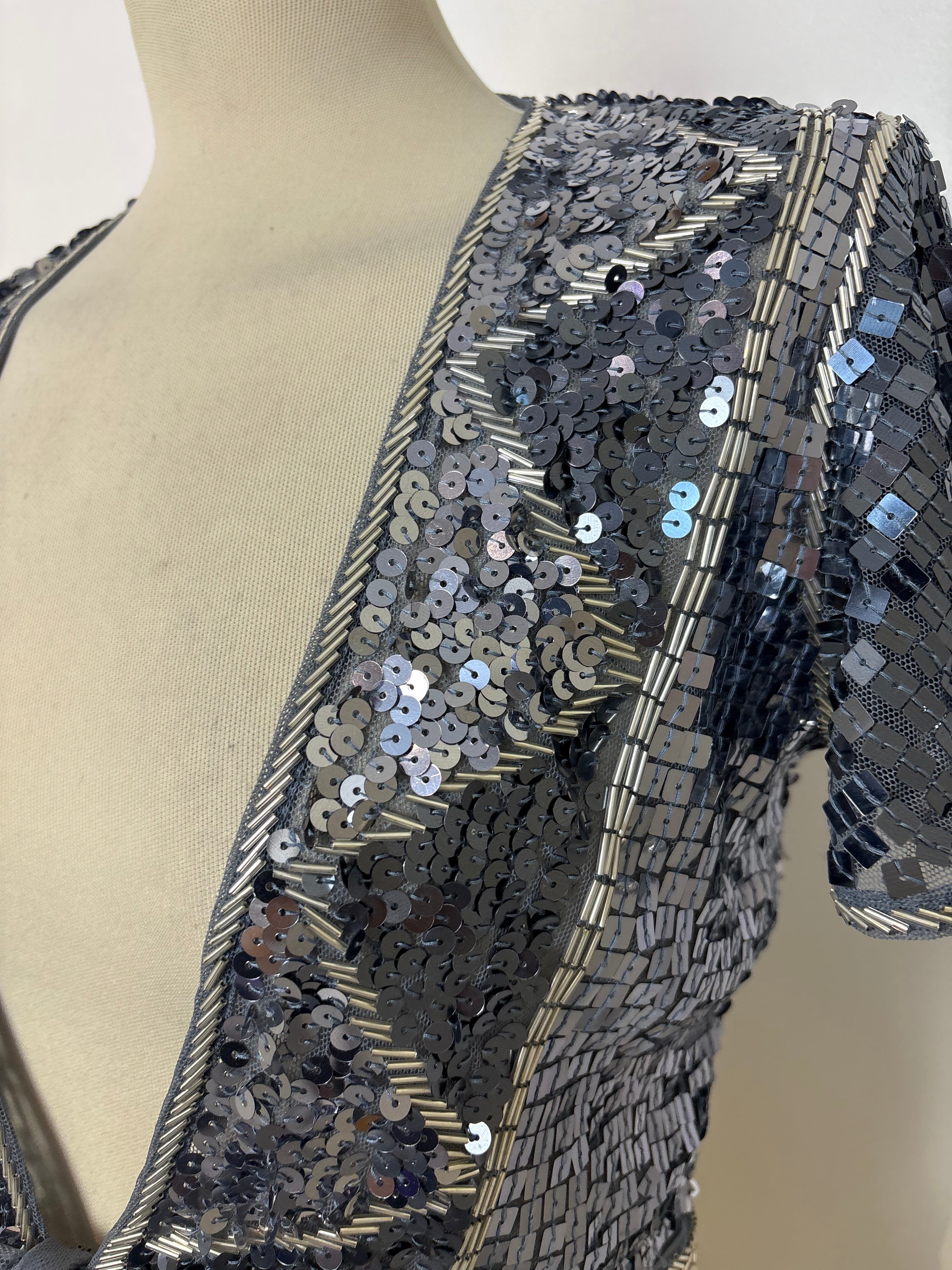 Grey mesh sliver sequined tie-up bolero