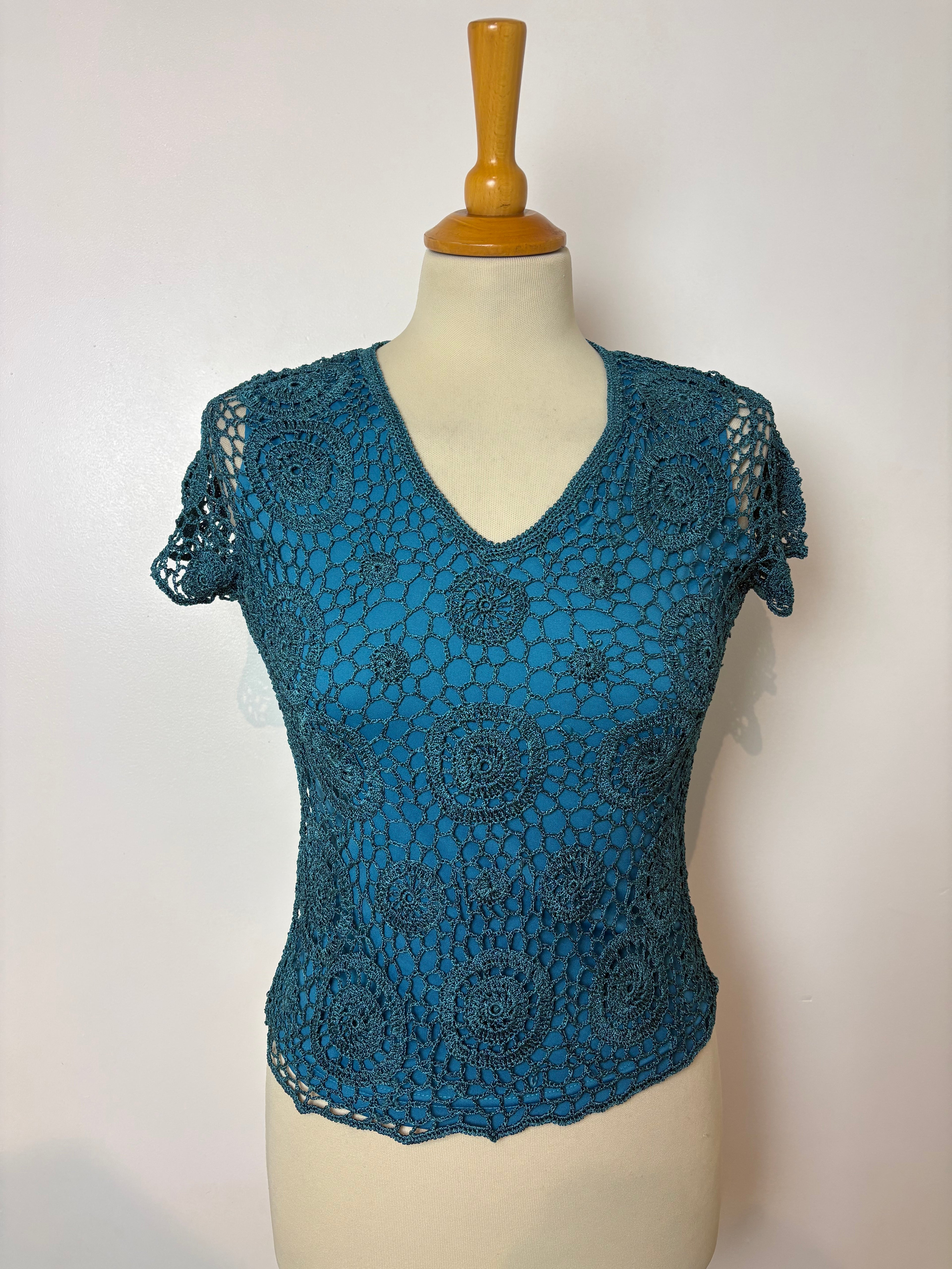 Handmade turquoise crochet lined short-sleeved sparkly top