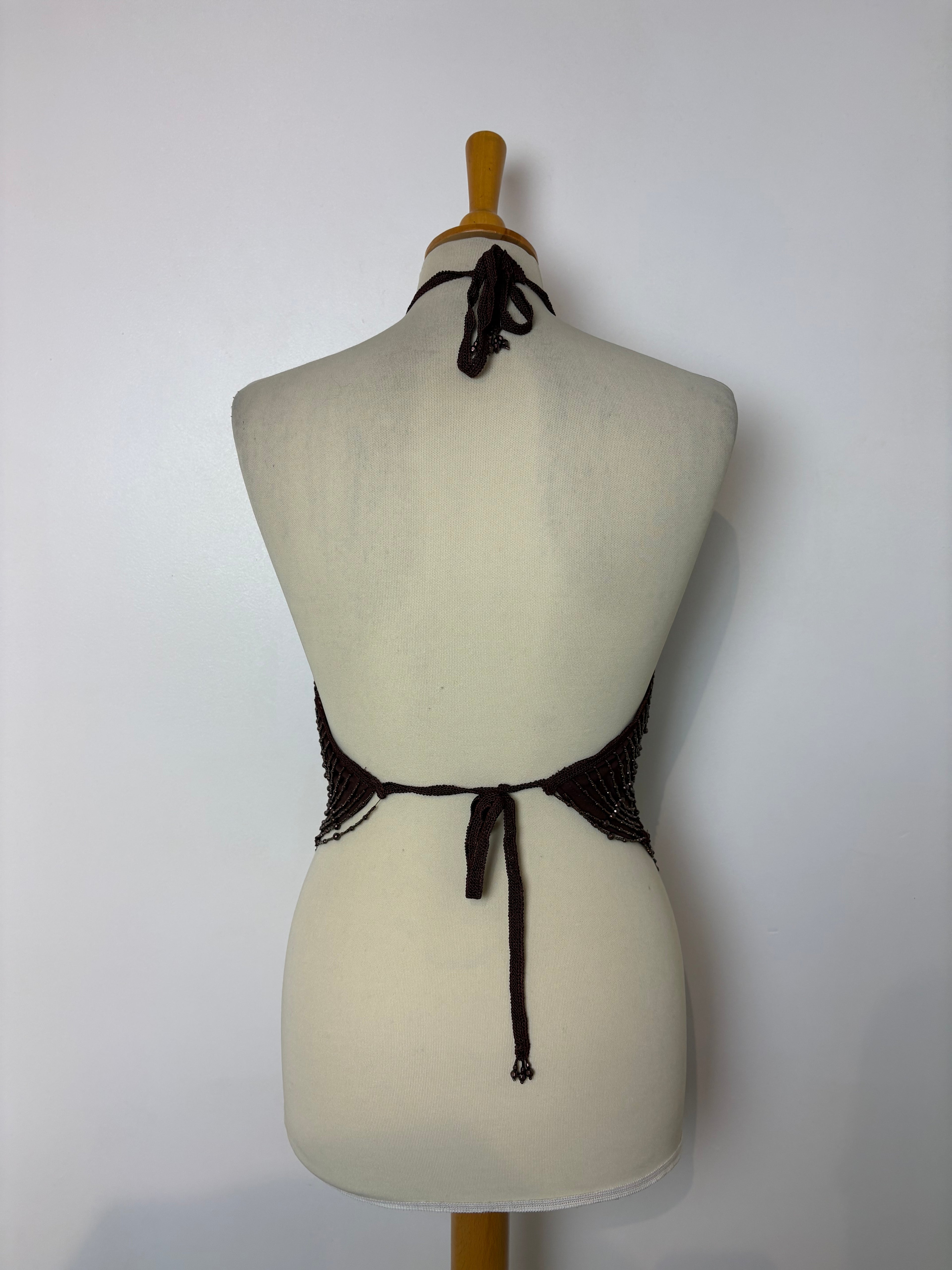 Handmade brown crochet beaded backless halterneck