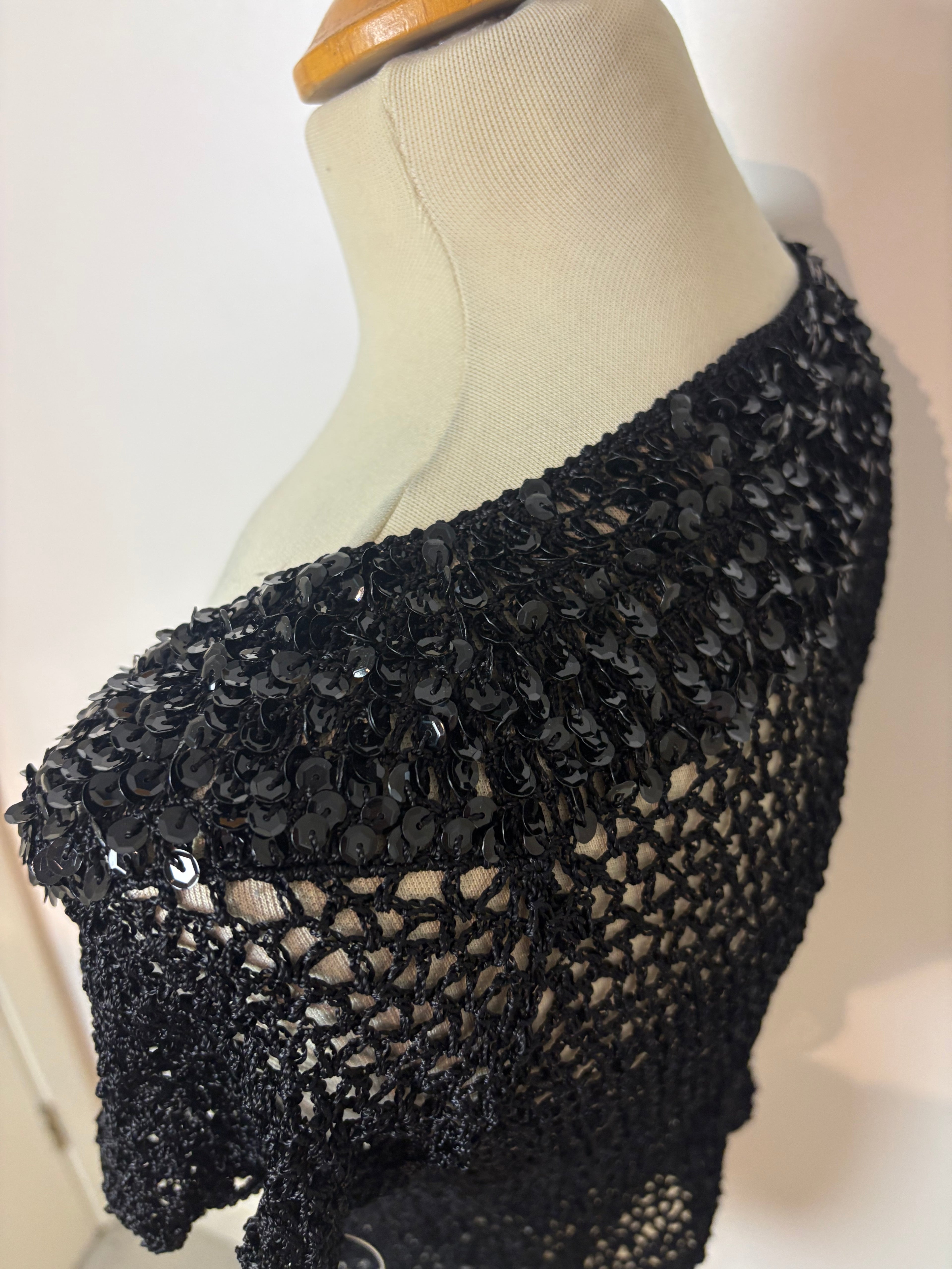 Handmade black crochet sequined button-up bolero