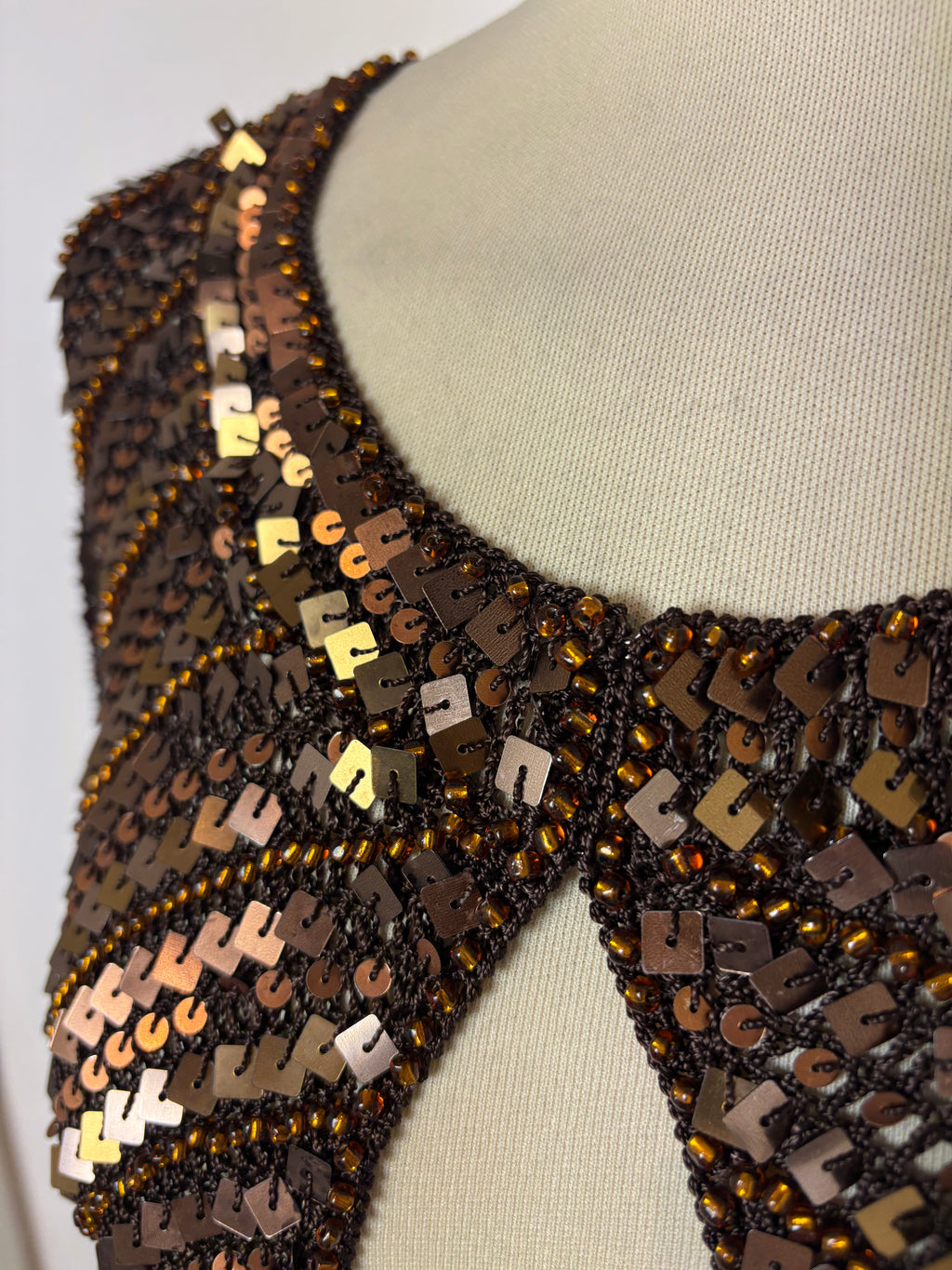 Handmade brown crochet bronze sequined and beaded cardigan