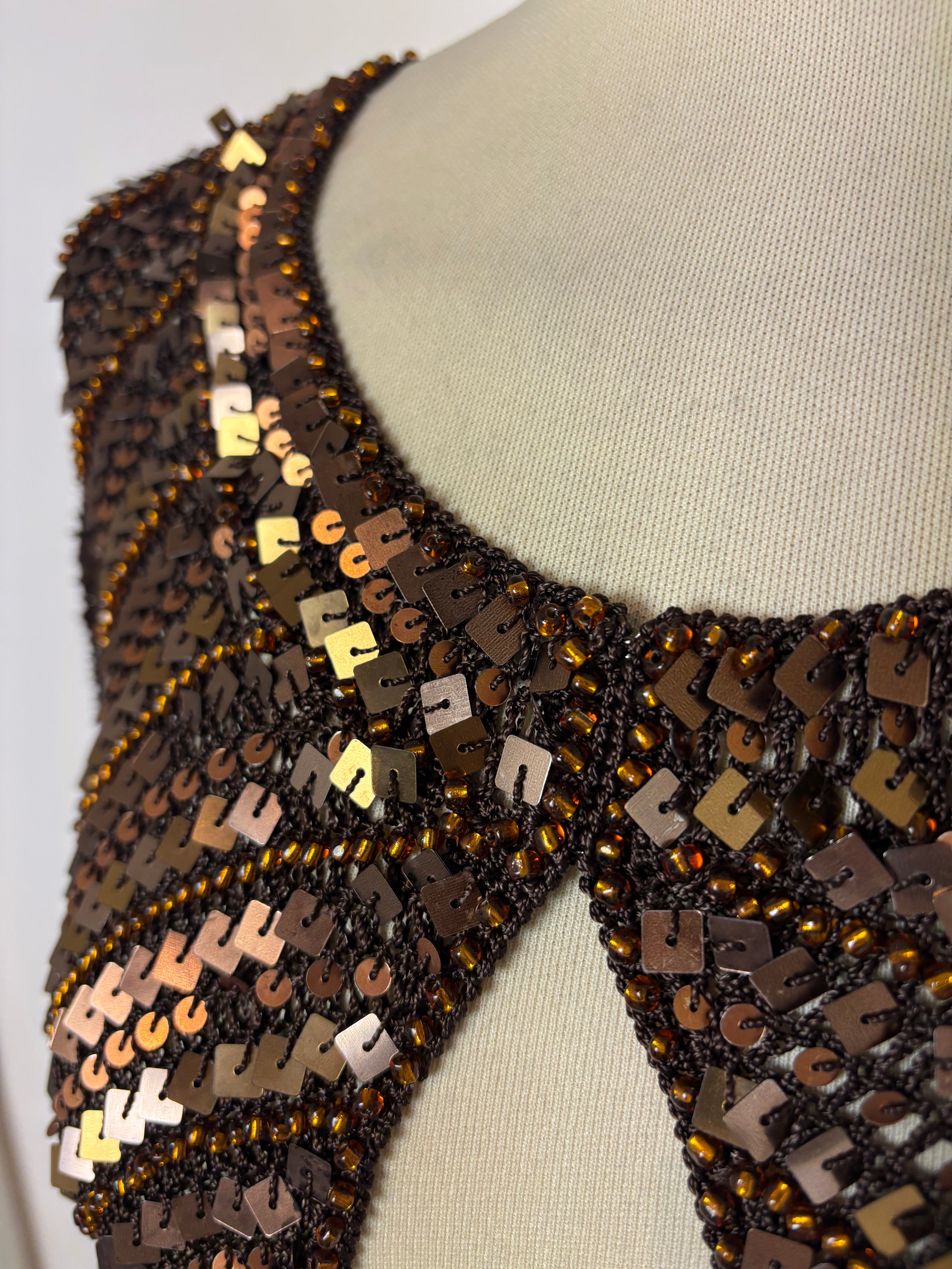 Handmade brown crochet bronze sequined and beaded cardigan