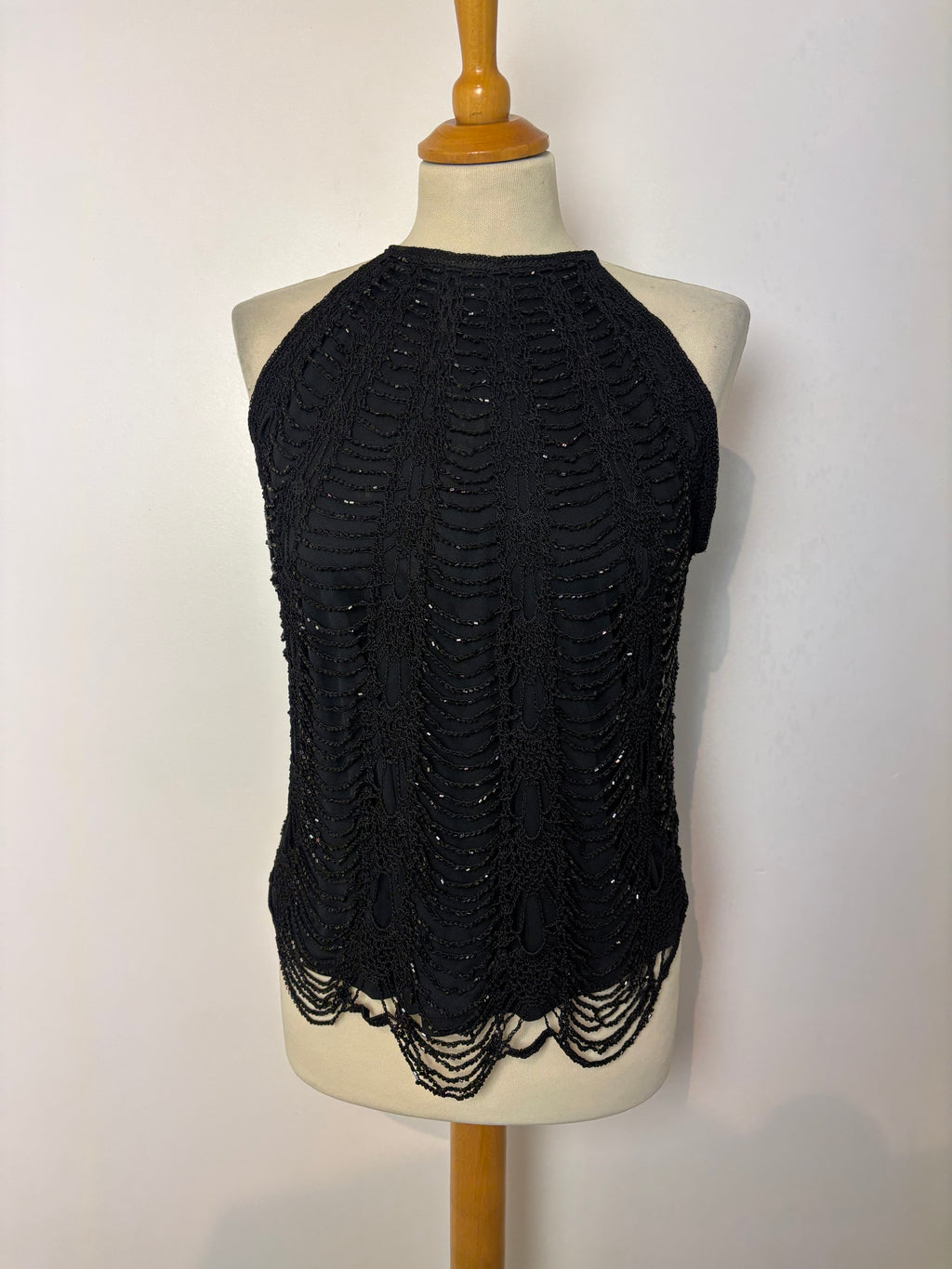 Handmade black beaded crochet lined halterneck