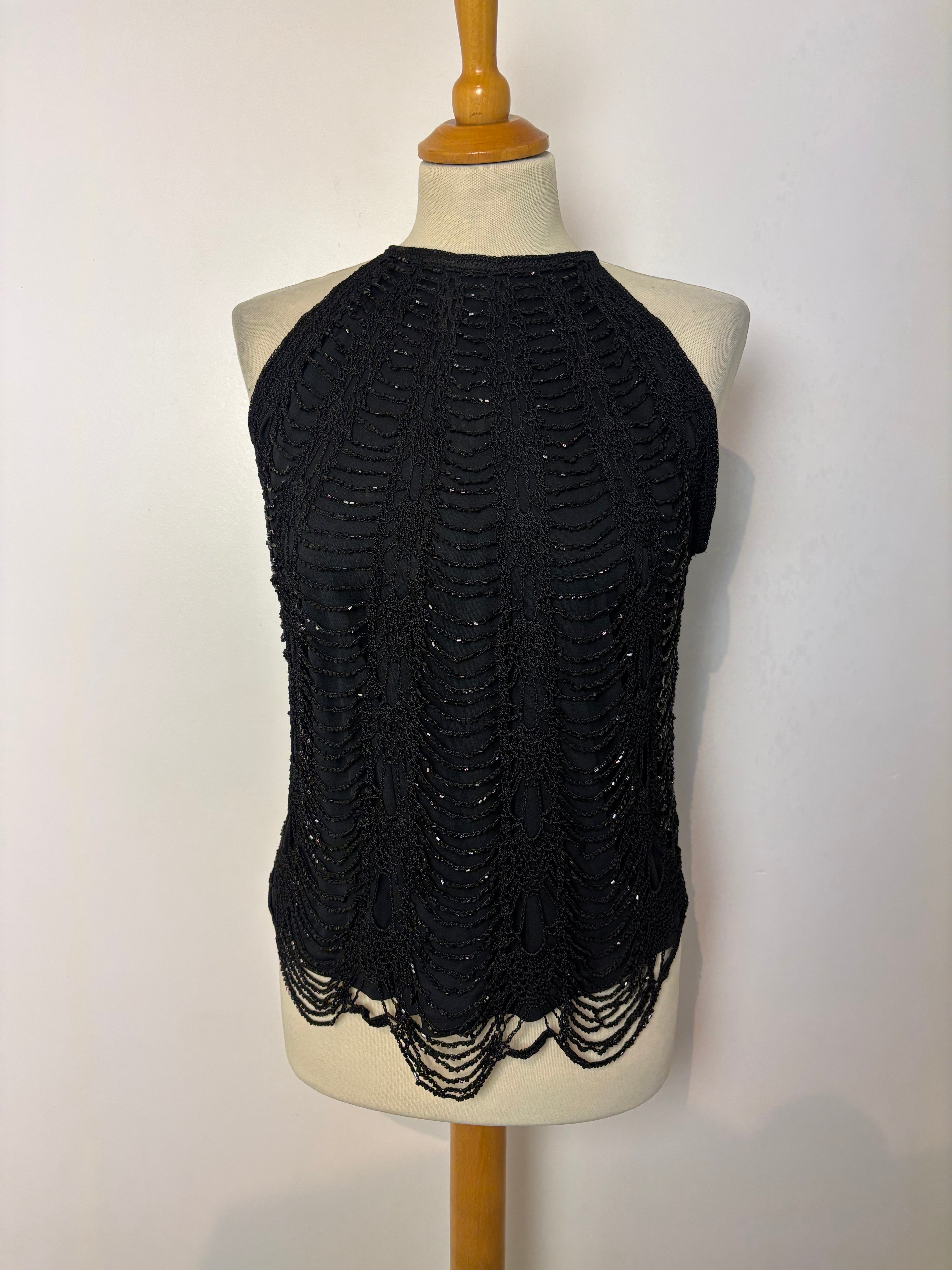 Handmade black beaded crochet lined halterneck