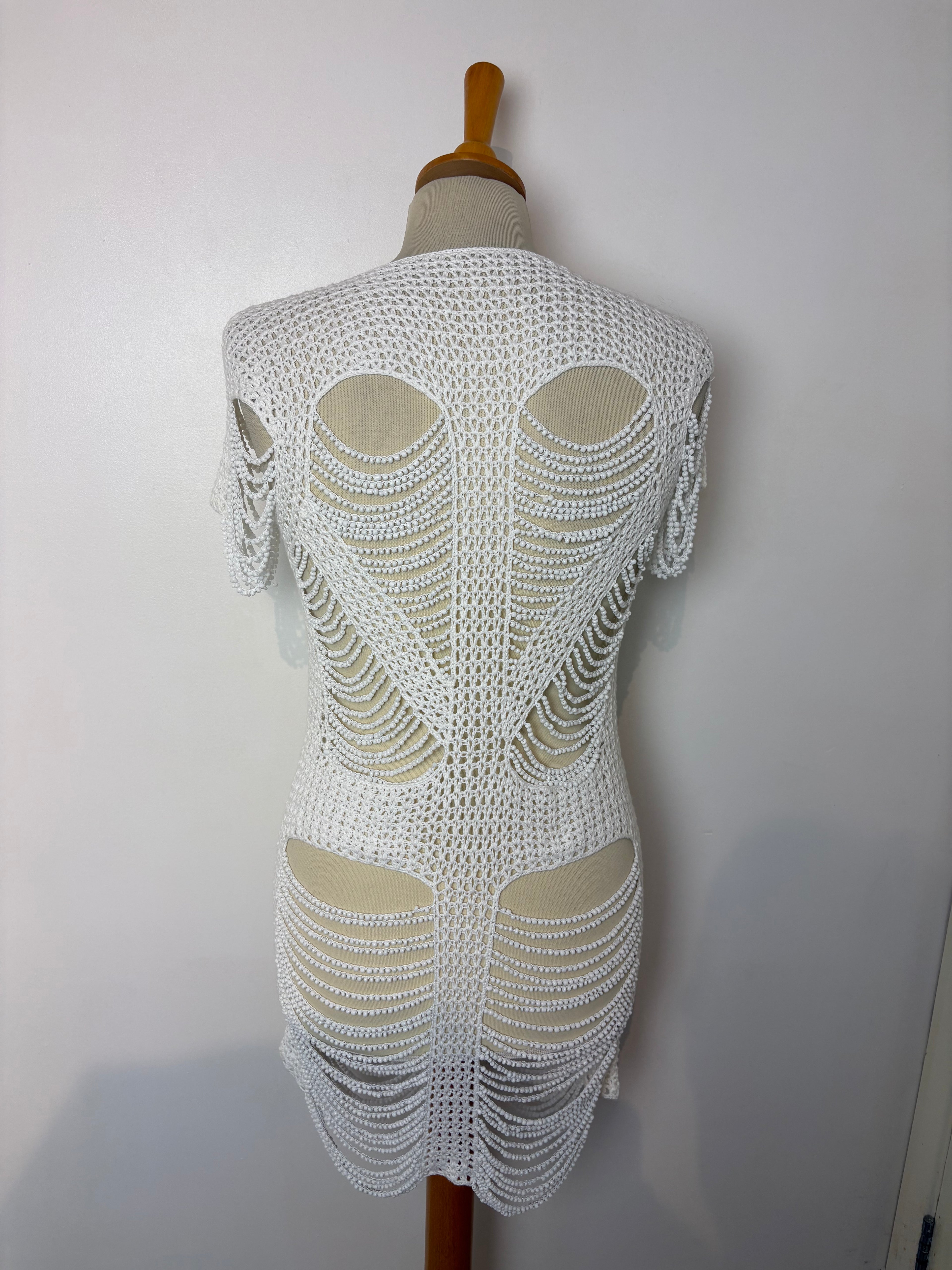 Handmade white crochet heavily beaded mini dress
