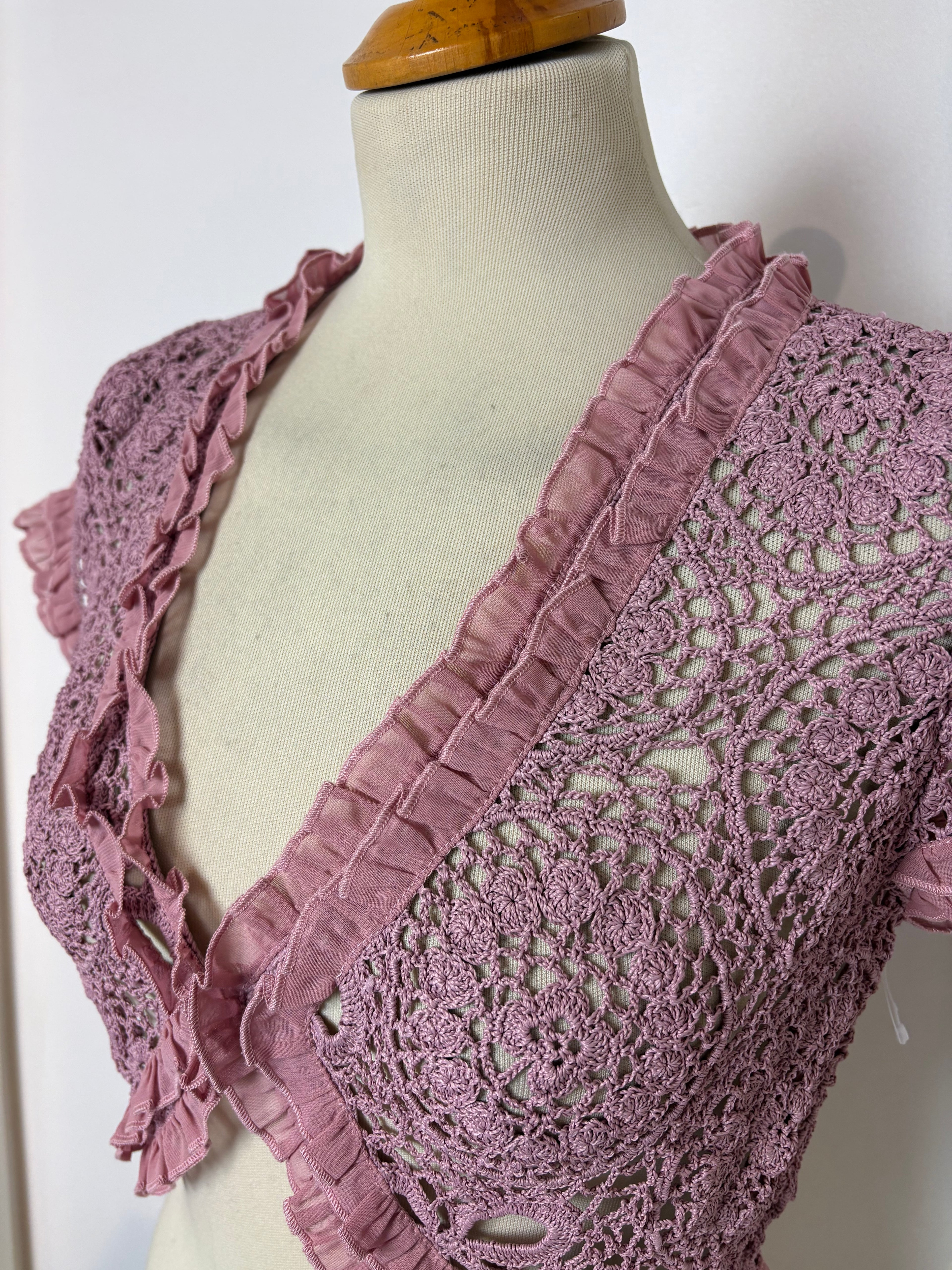 Handmade pink crochet chiffon-sleeved bolero