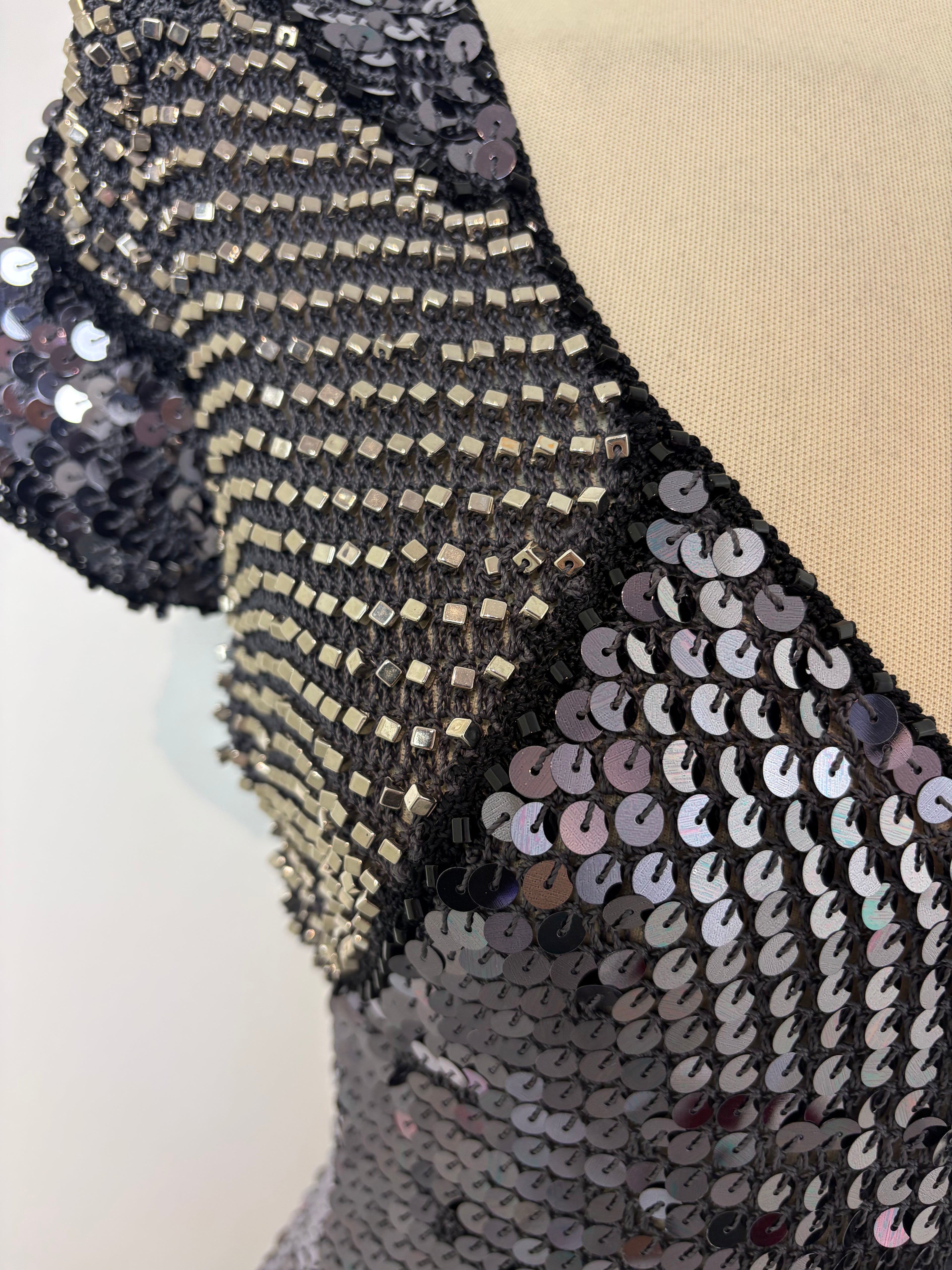 Handmade crochet dark grey sequined and beaded dress