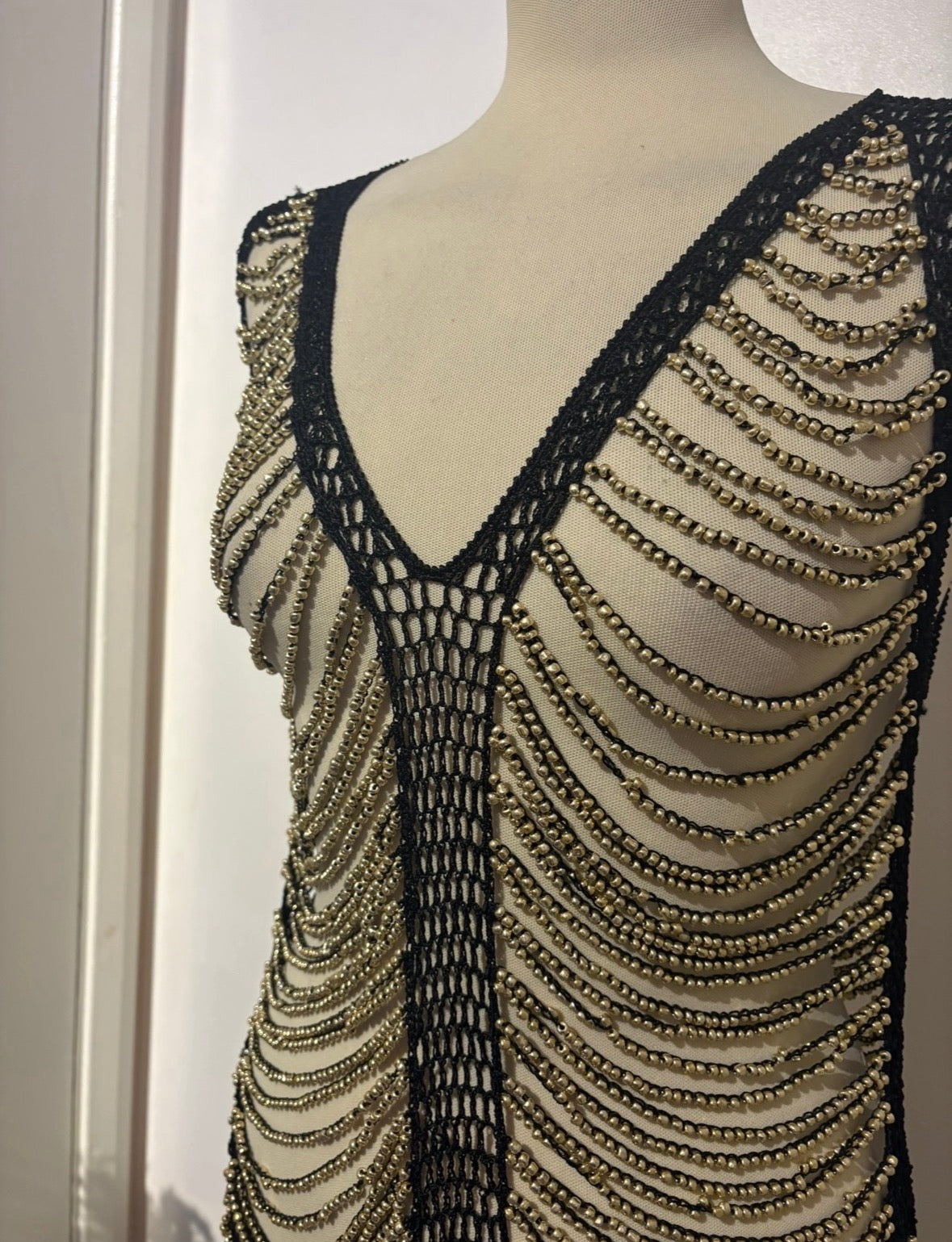 Handmade black crochet heavily gold beaded mini dress
