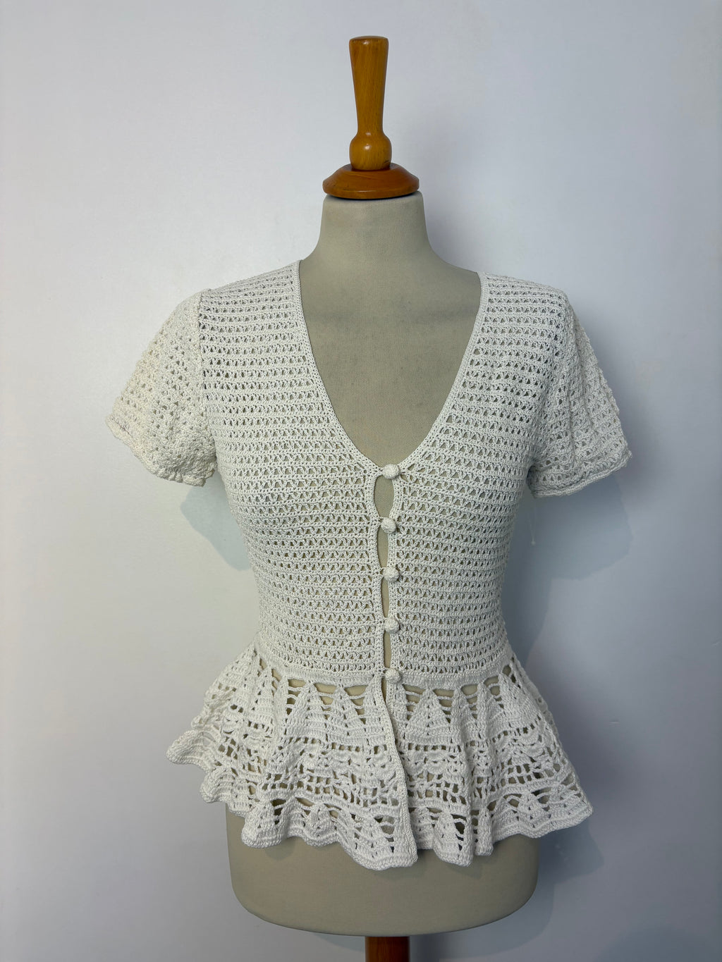 Handmade white ivory frilly button-up top