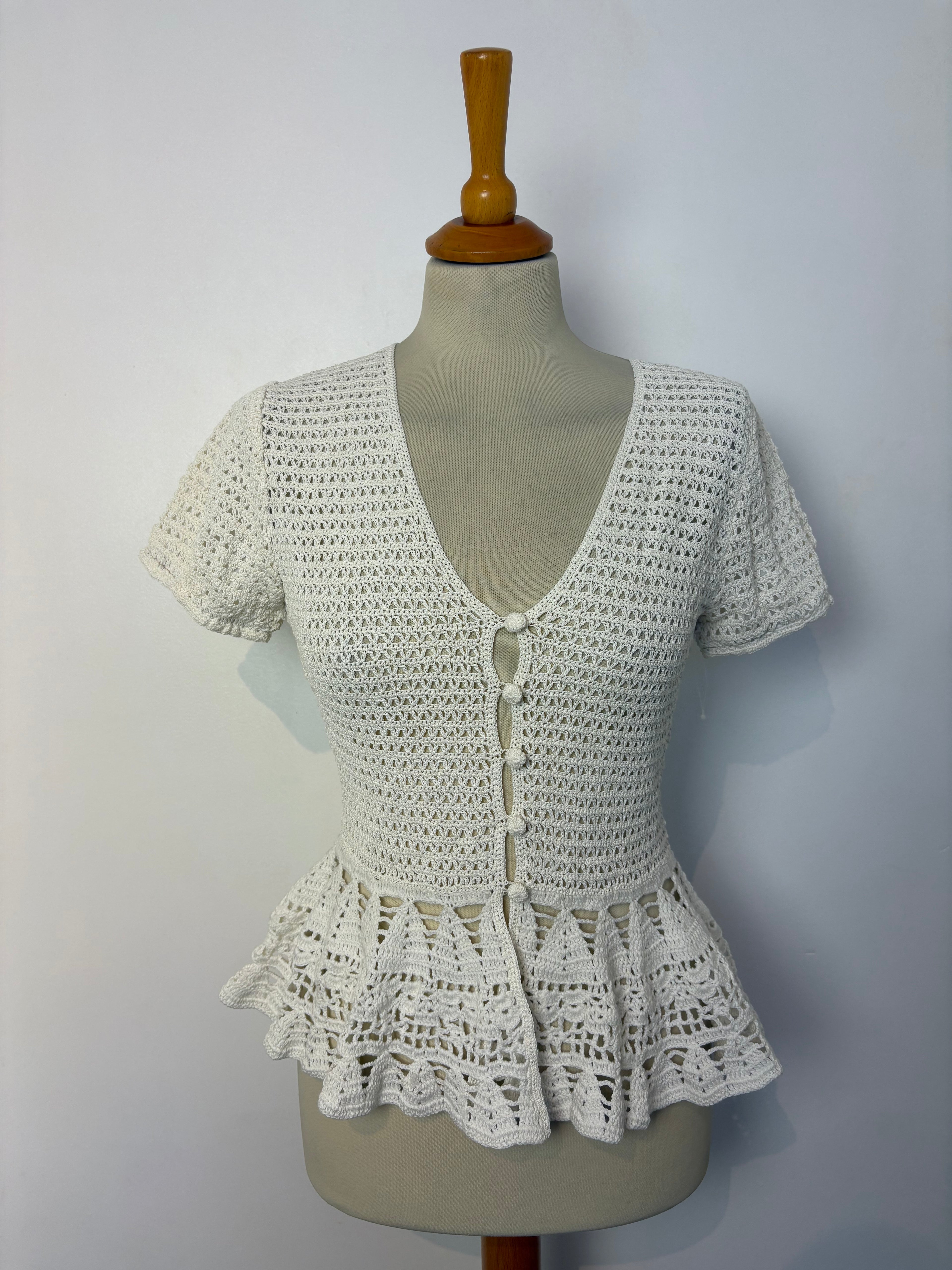 Handmade white ivory frilly button-up top