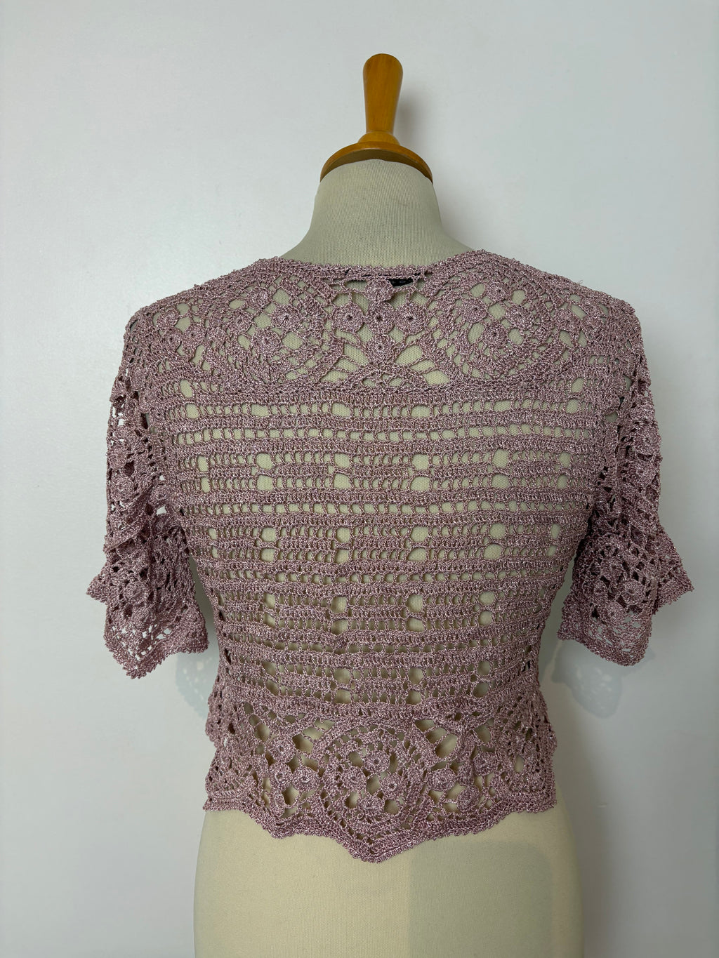 Handmade sparkly pink crochet tie-up bolero