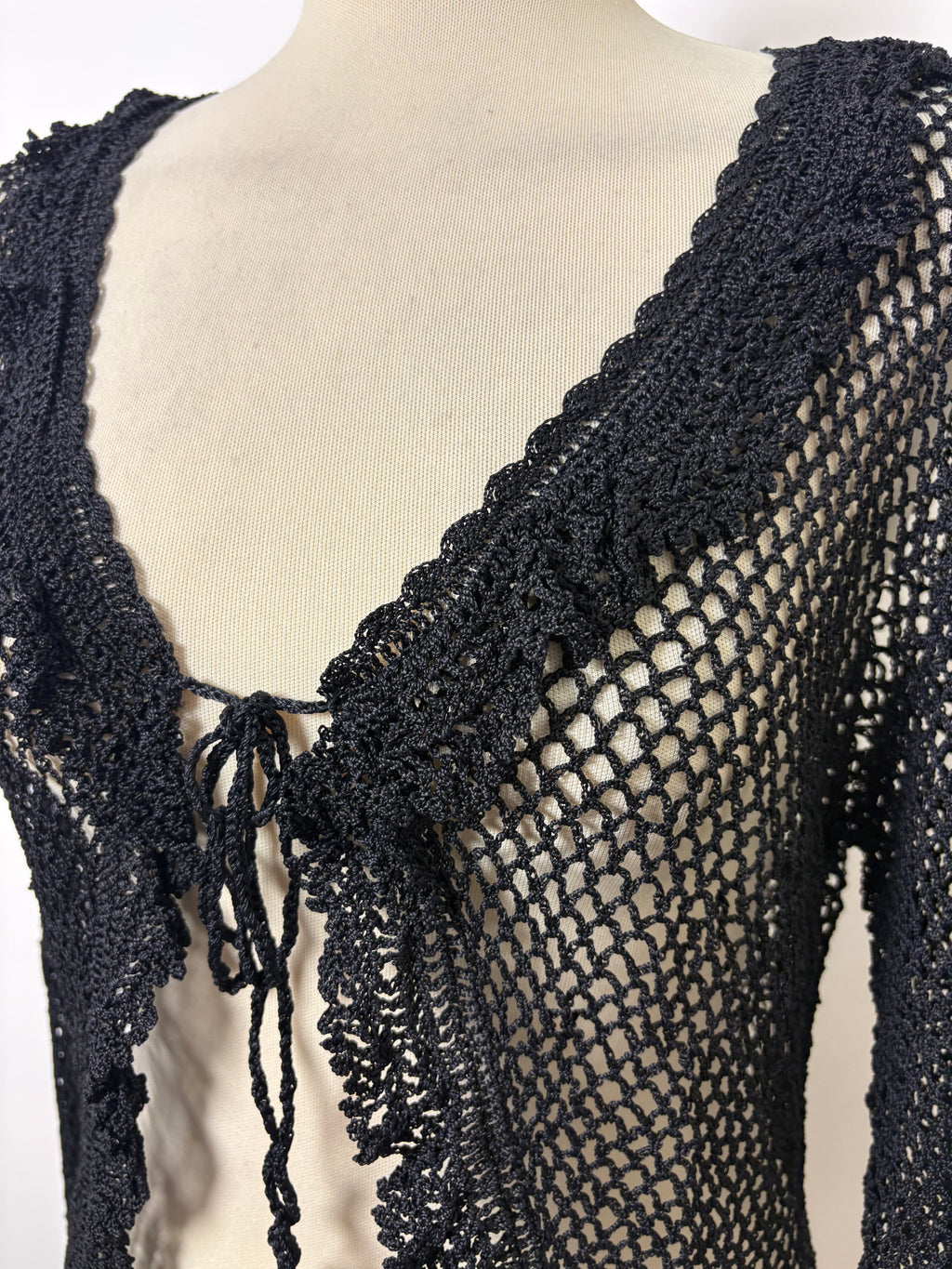 Handmade black crochet tie-up cardigan