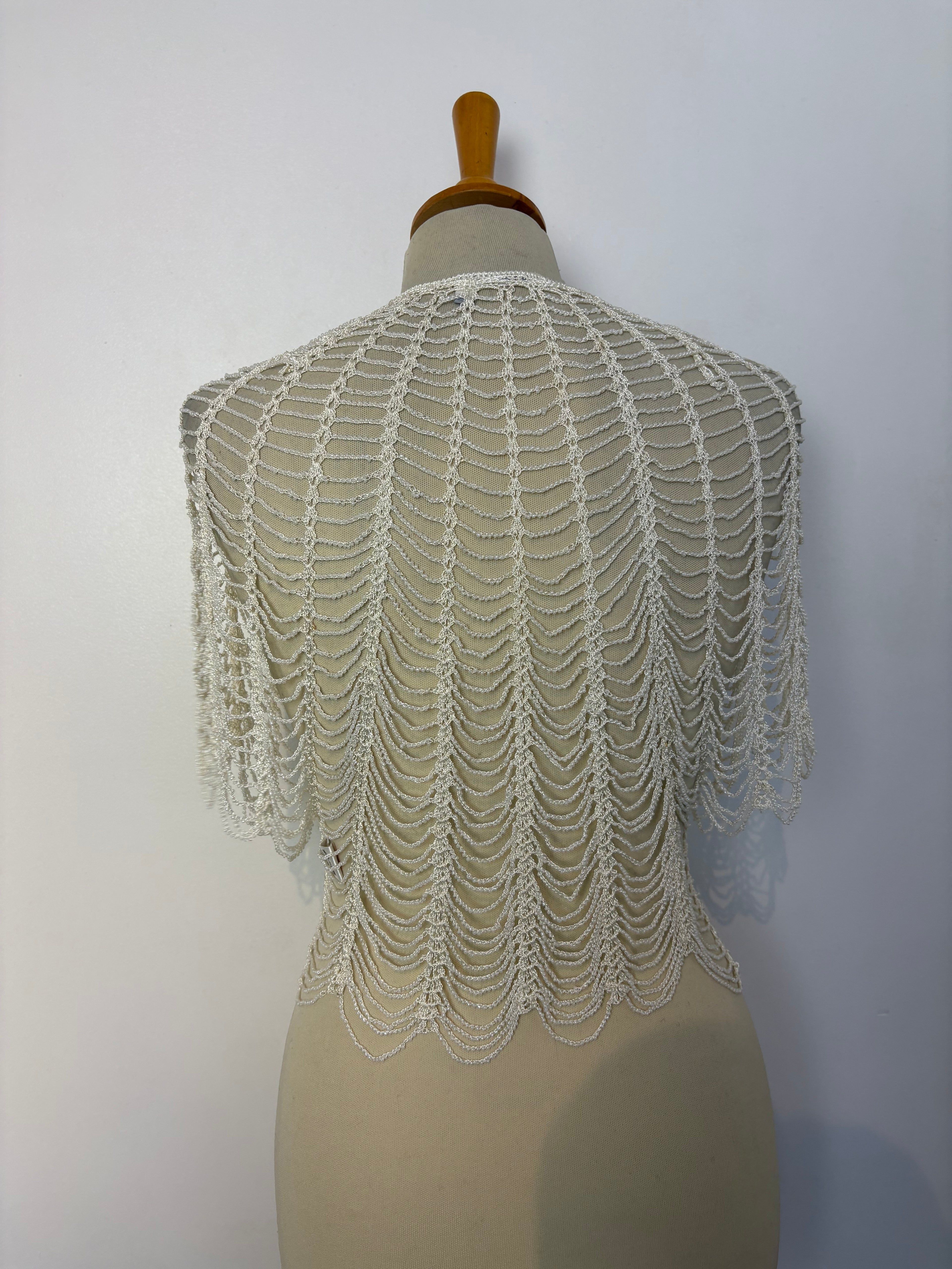 Handmade ivory crochet beaded tie-up bolero