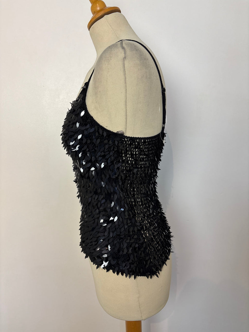 Handmade black crochet sequined strappy top