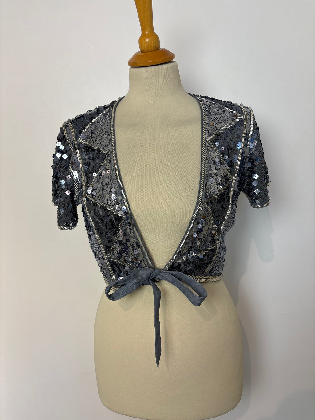 Grey mesh sliver sequined tie-up bolero