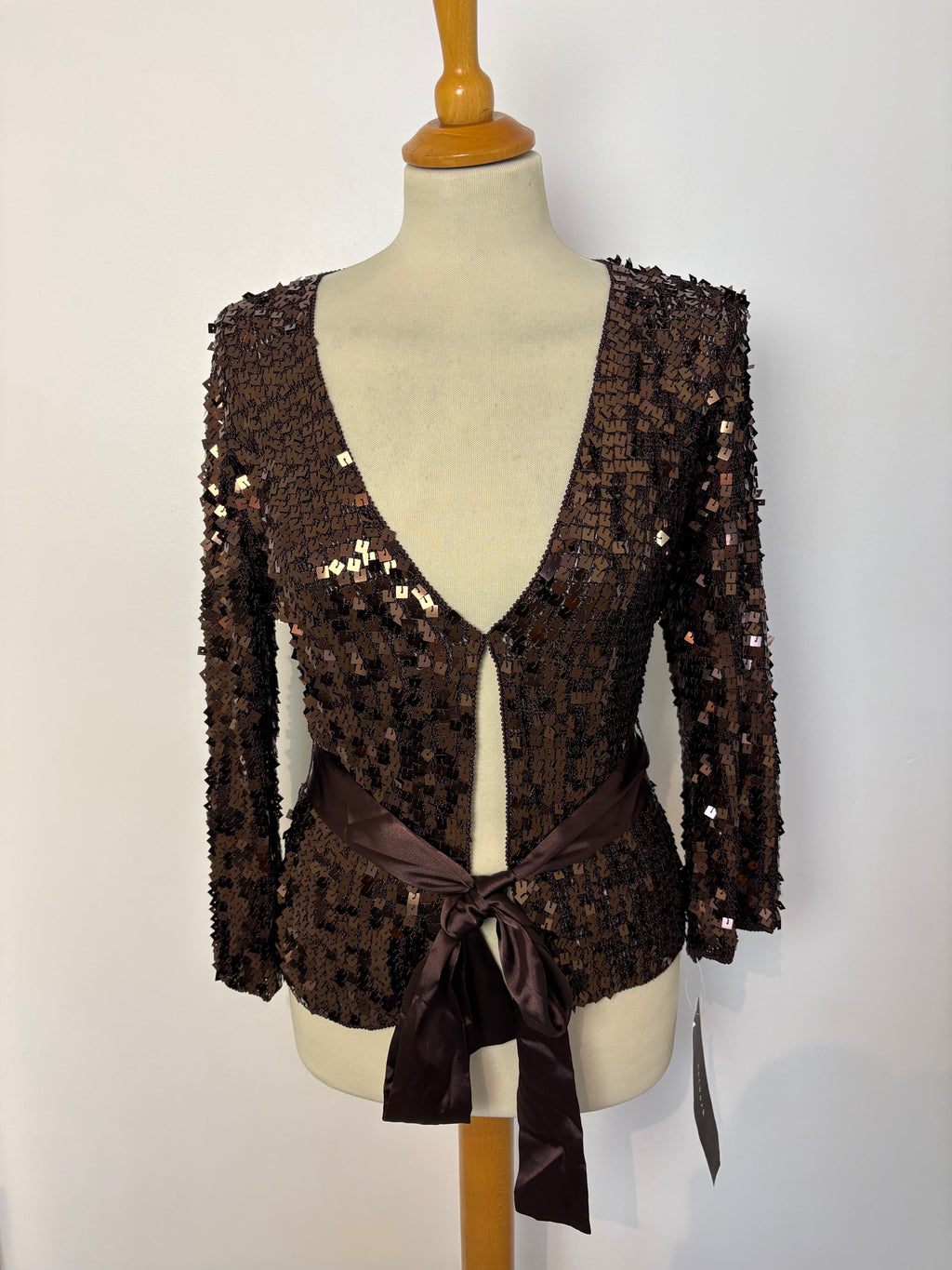 Handmade brown crochet heavily sequined tie-up cardigan