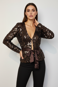 Handmade brown crochet heavily sequined tie-up cardigan