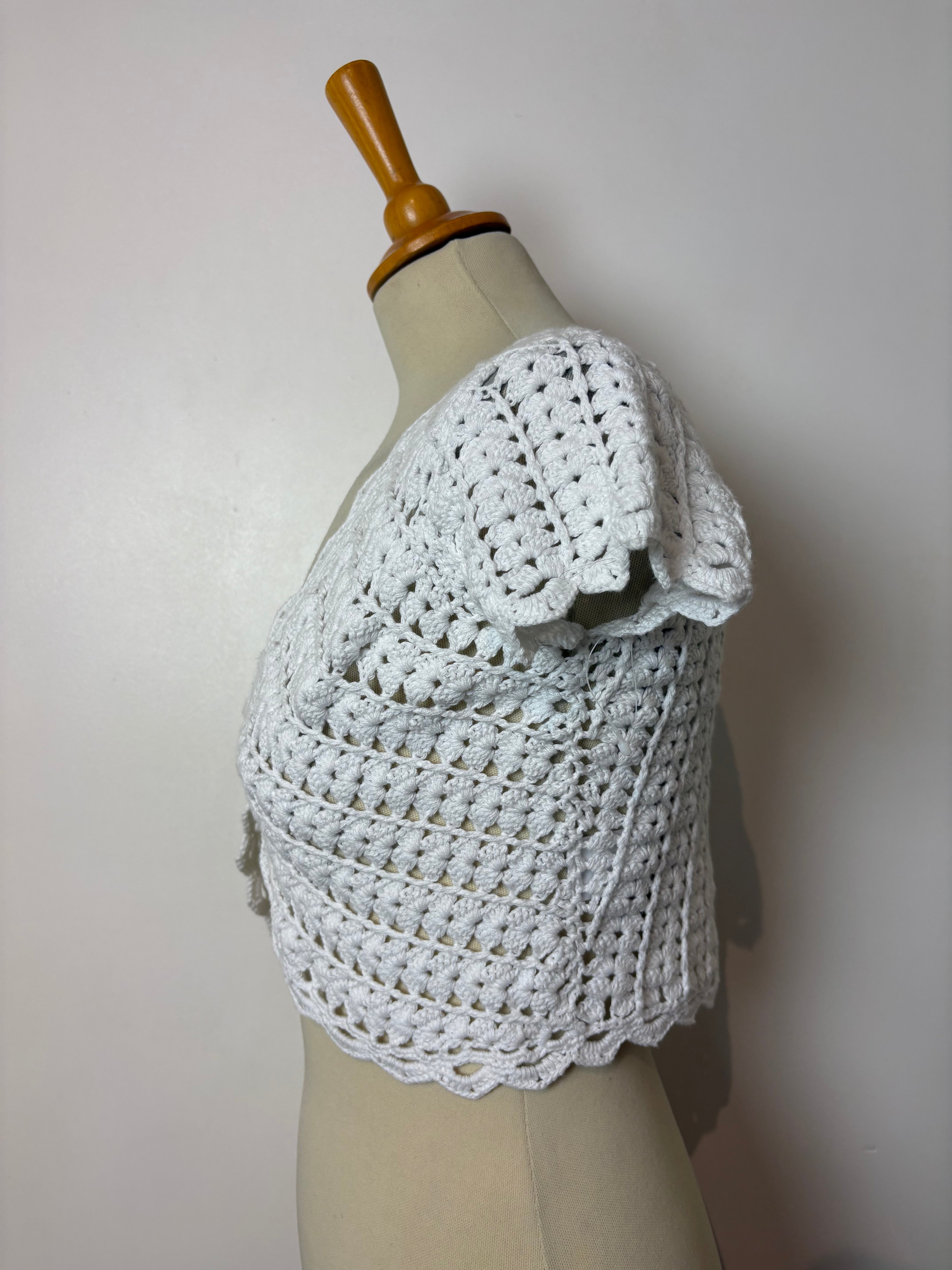 Handmade white crochet button-up bolero