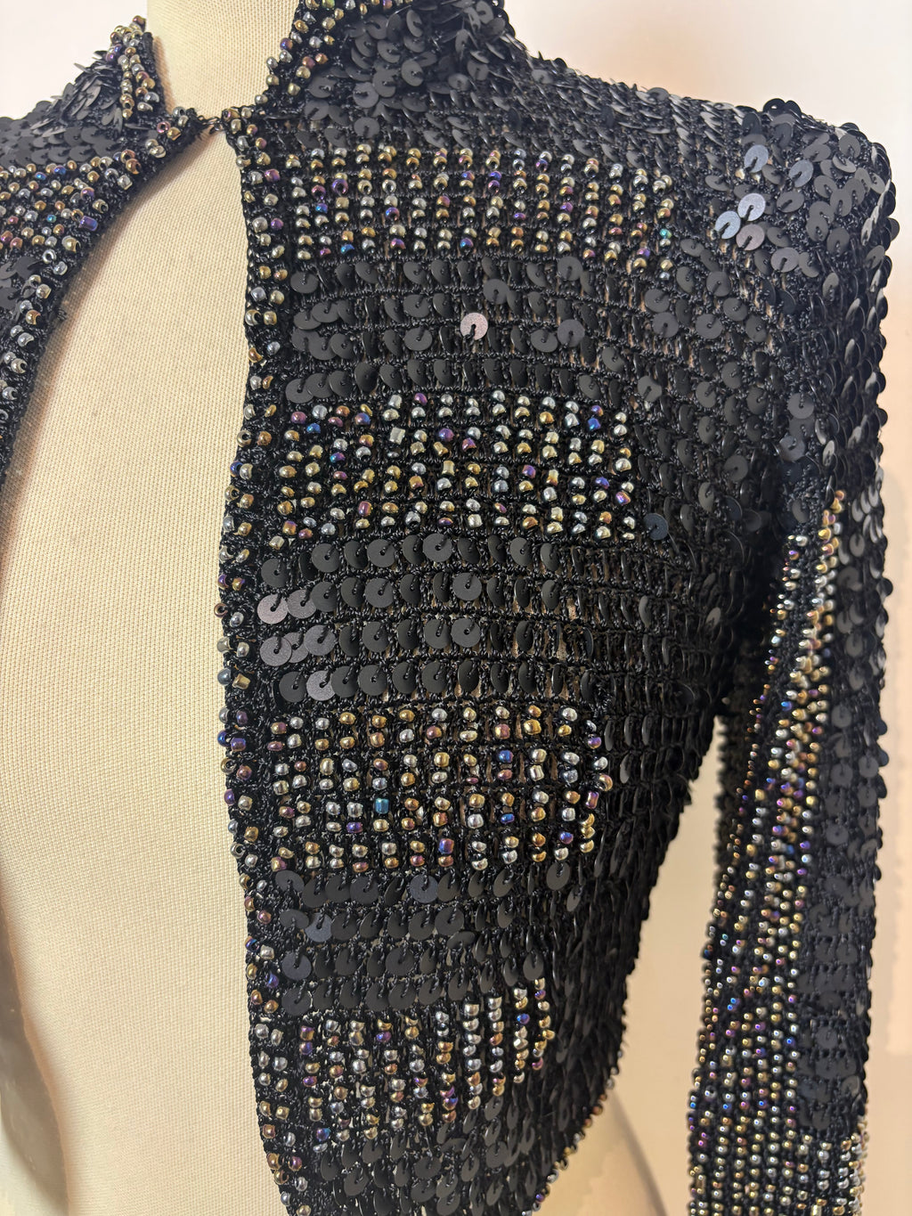 Handmade black crochet heavily sequined and beaded cardigan