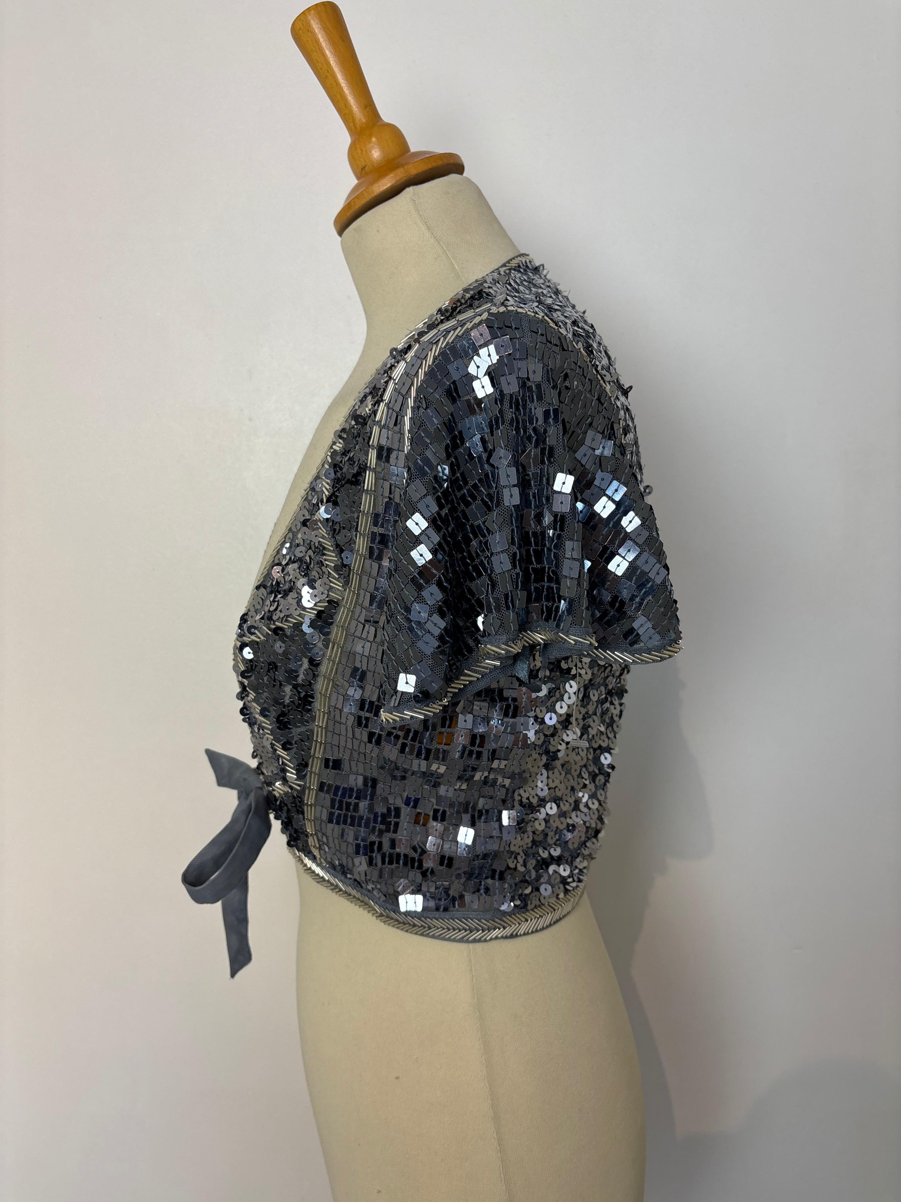 Grey mesh sliver sequined tie-up bolero