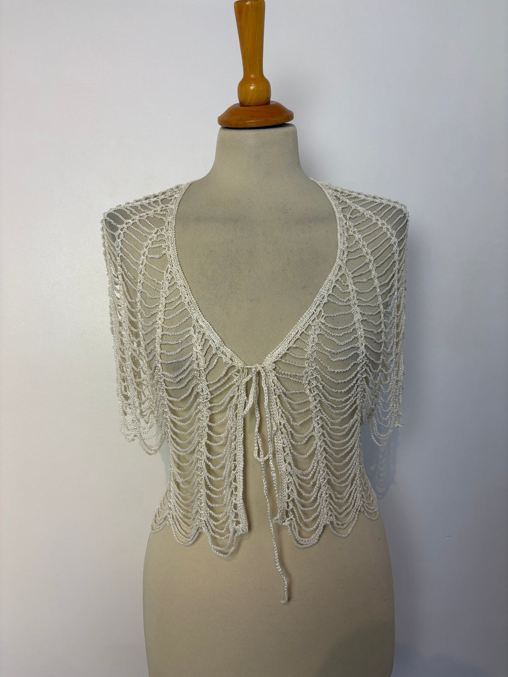 Handmade ivory crochet beaded tie-up bolero