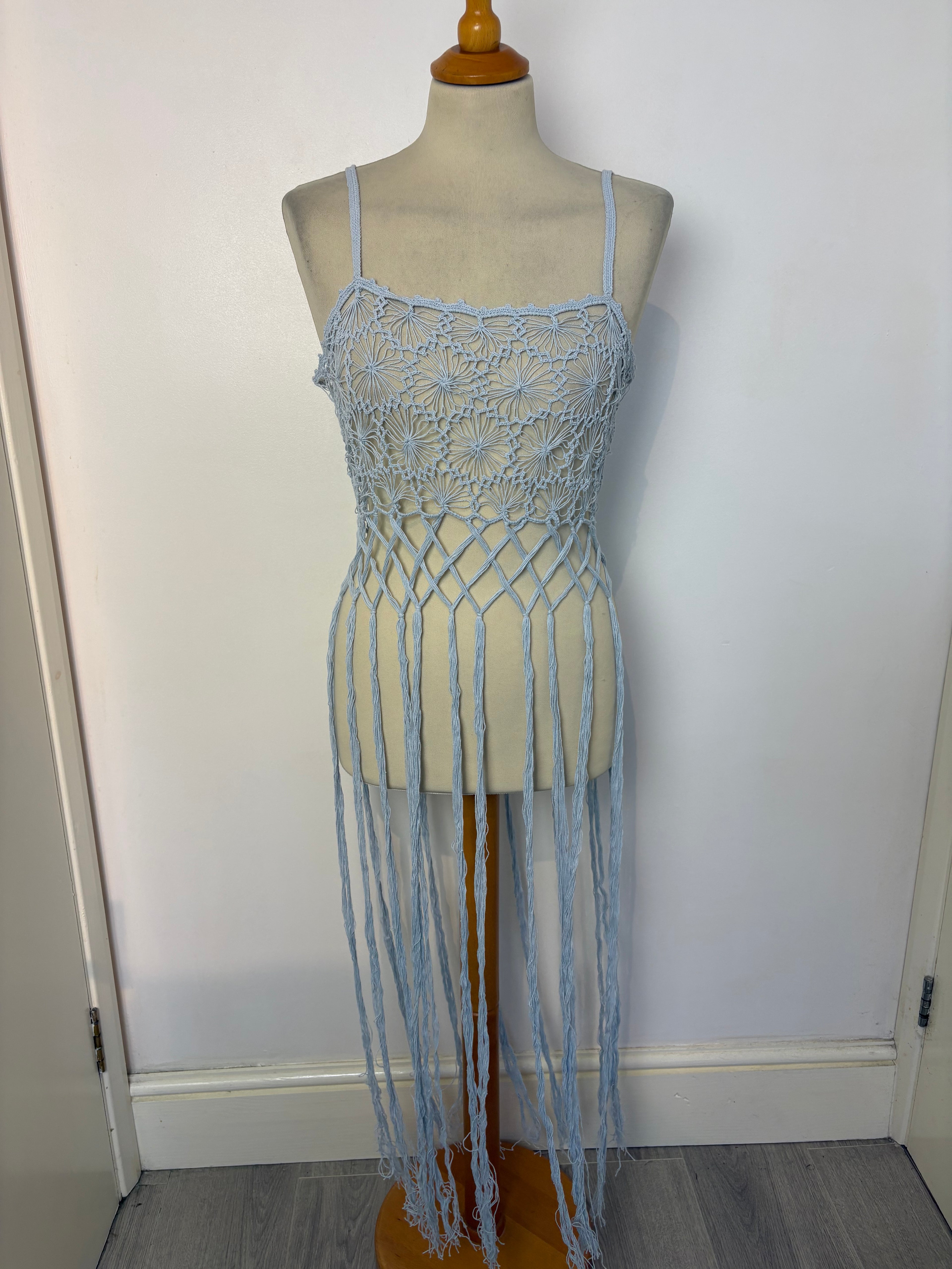 Light blue crochet long-tassel beach dress